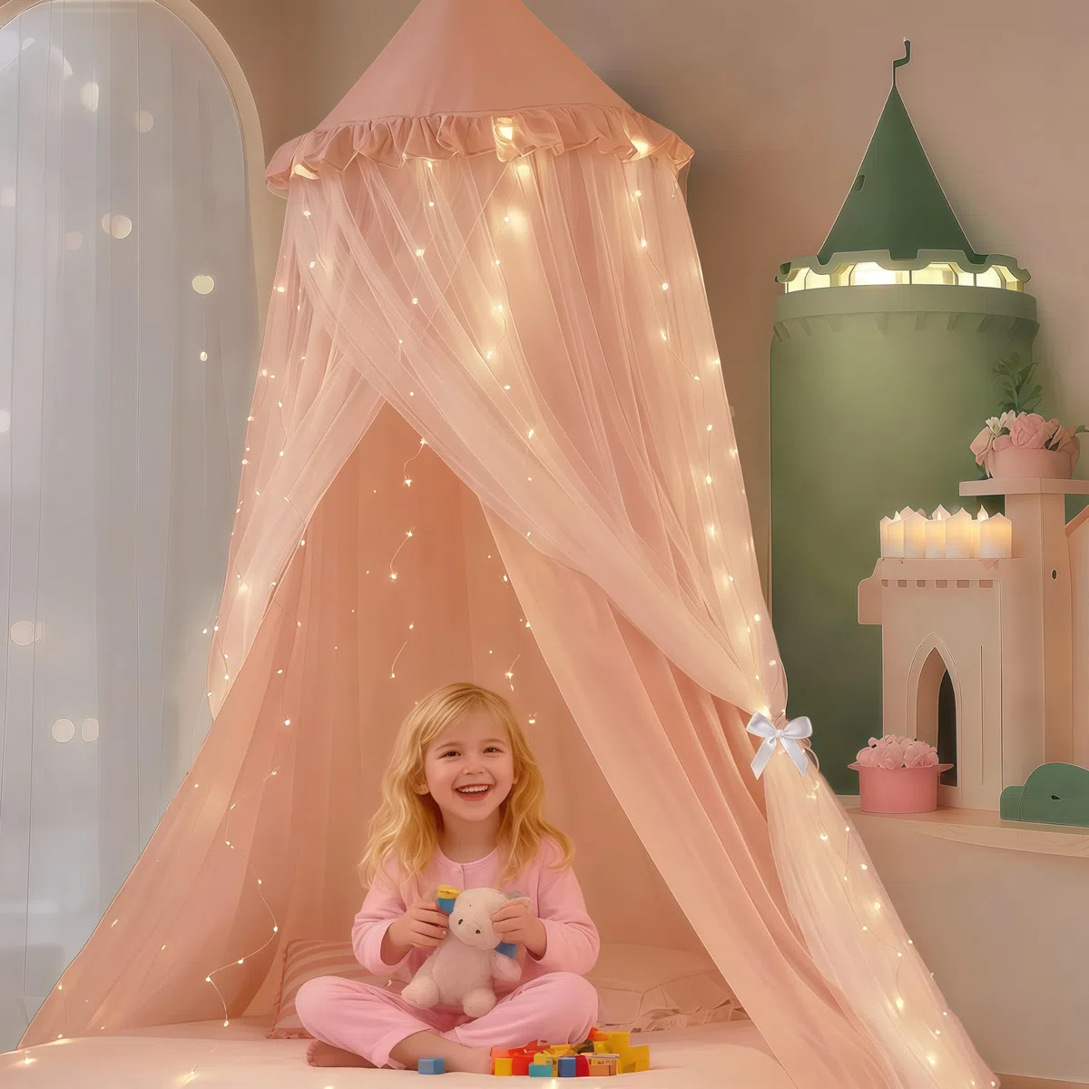 Baldacchino per letto da principessa per bambine, baldacchino a doppio strato con 250 luci per tende bianche calde, adatto per letto singolo/matrimoniale - Tenda per letto fatato per
