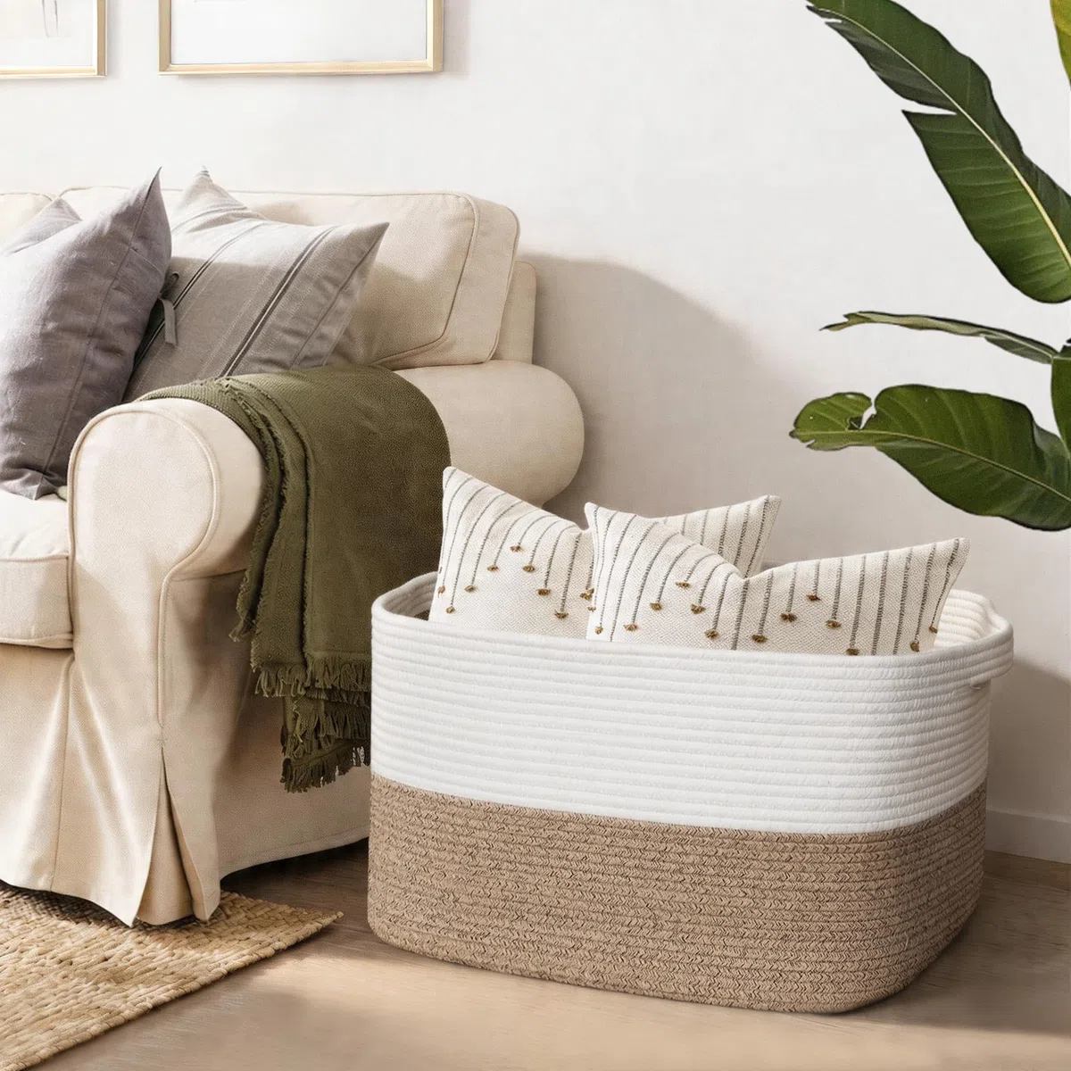 MEGASKET Cesto Rettangolare Extra Large in Corda di Cotone, 60 x 39,9 x 35,8 cm, per Coperte, Cuscini in Vimini, Portaoggetti Morbido per Bambini e Giocattoli