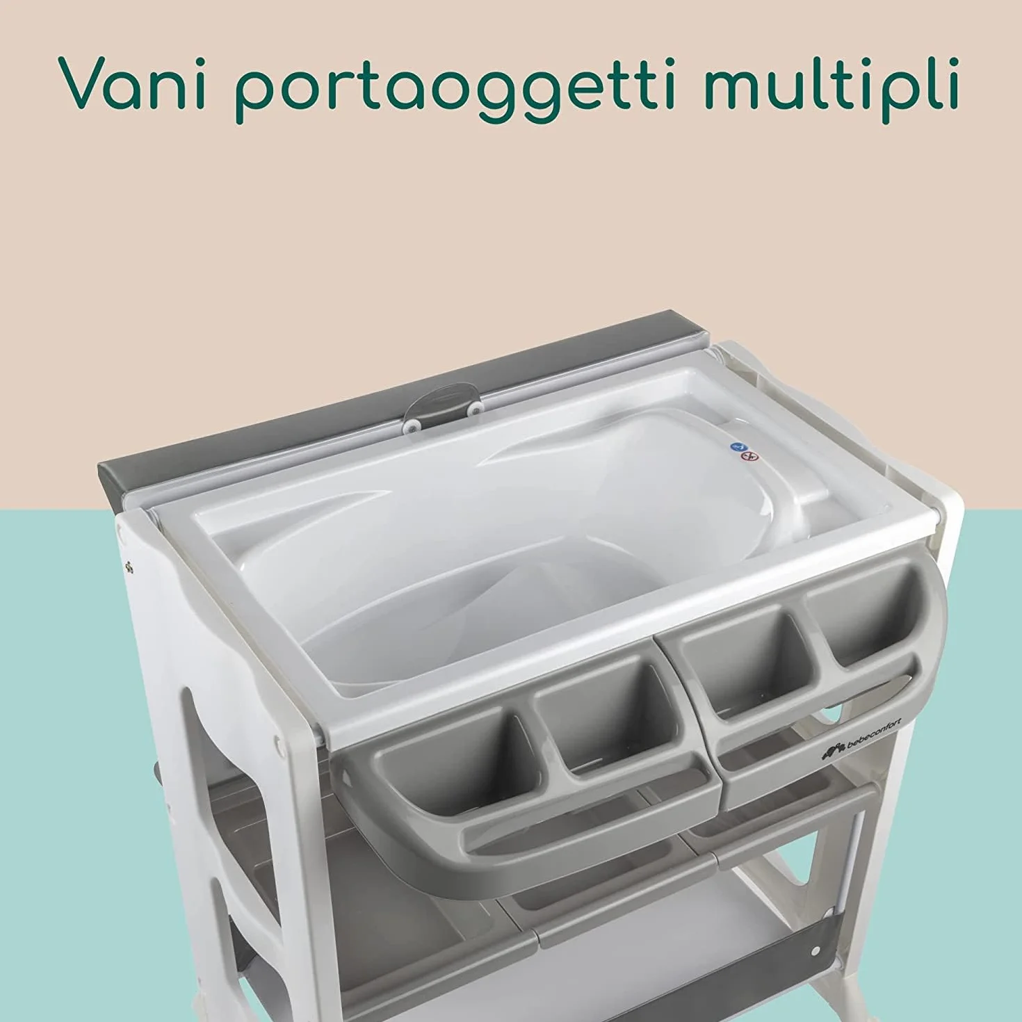 Bebeconfort Dolphy Fasciatoio 2 in 1 con Vaschetta Bagnetto, 0-12 Mesi (max 11kg), Ruote, Cassettiera, Grey Mist