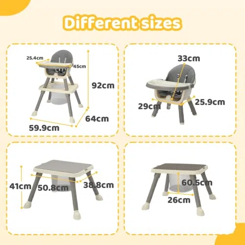 BONNLO Seggiolone Evolutivo per Bambini 7 IN 1, Imbottitura Confortevole, Doppio Vassoio, 6 Mesi-3 Anni 6-15 kg, Pieghevole Ultra Compatto, Leggero 4,9 kg, Grigio (Grigio)