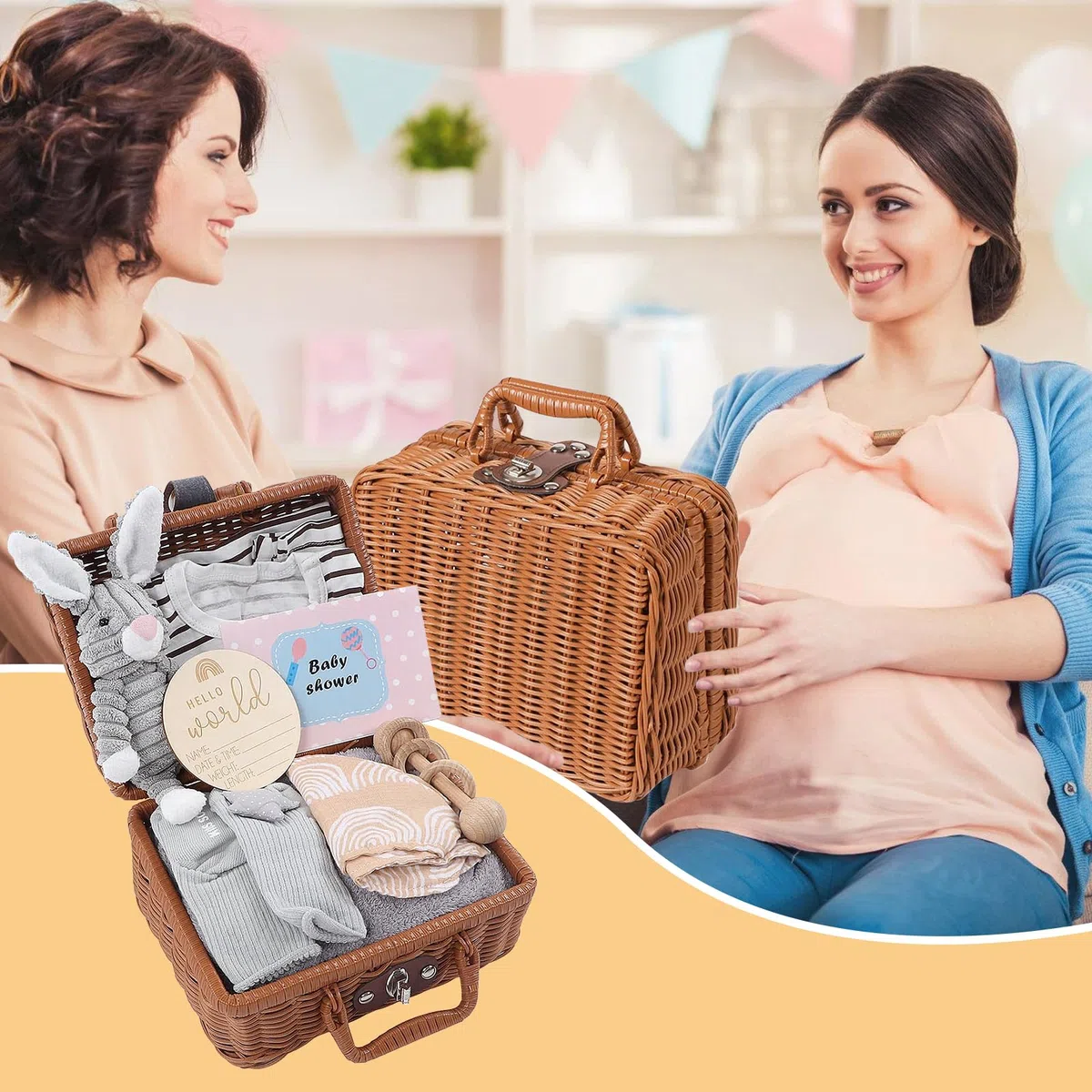 Cesto regalo per neonati: 9 in 1, set regalo per nascita, baby shower con fazzoletto triangolare, cestini, biglietti di nascita, biglietti di auguri, calzini, peluche, vestiti, copertine, sonagli in