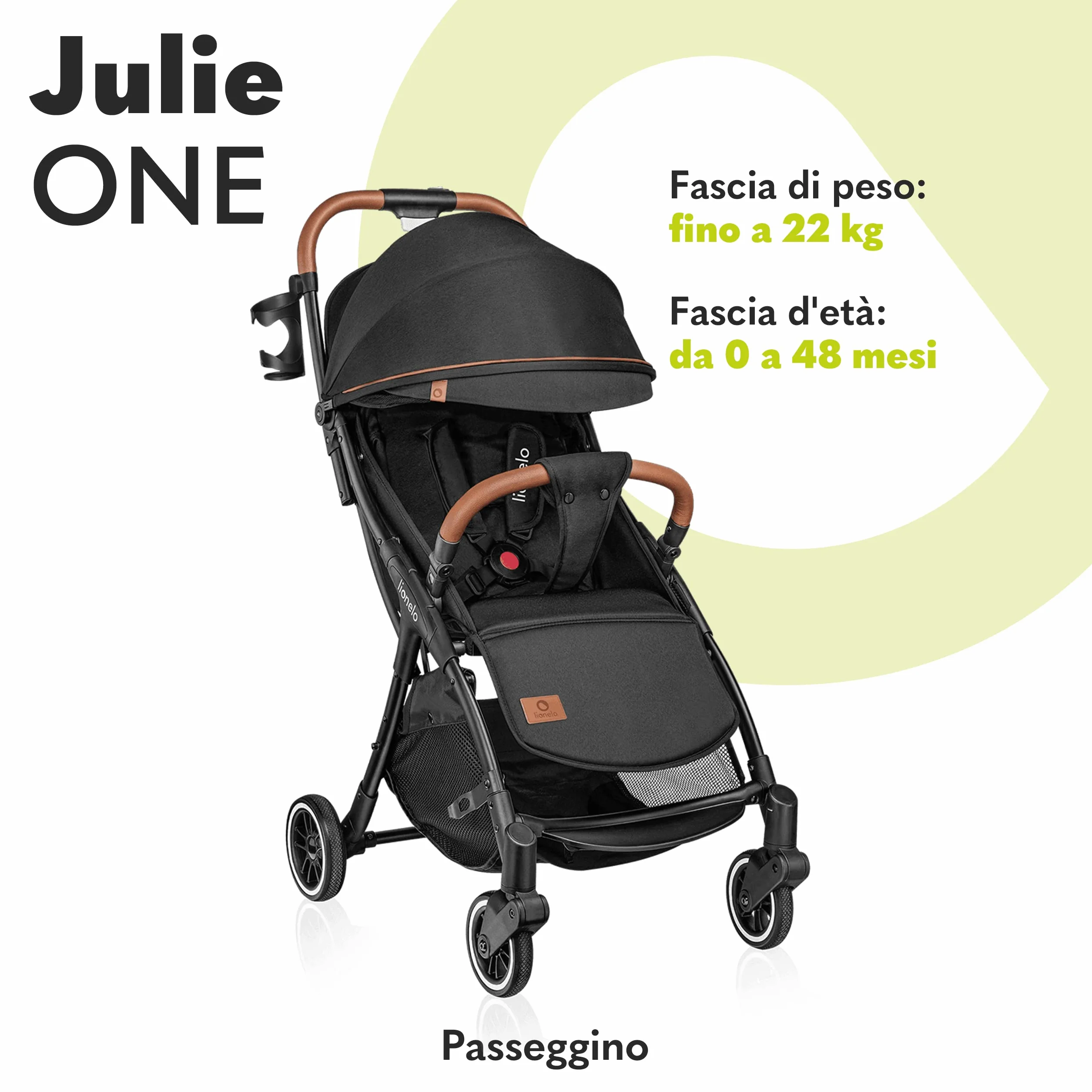 LIONELO Julie One Passeggino leggero pieghevole 0-22 kg Compatto zanzariera coprigambe portabibite borsa Poggiapiedi regolabili schienale sdraiata Nero