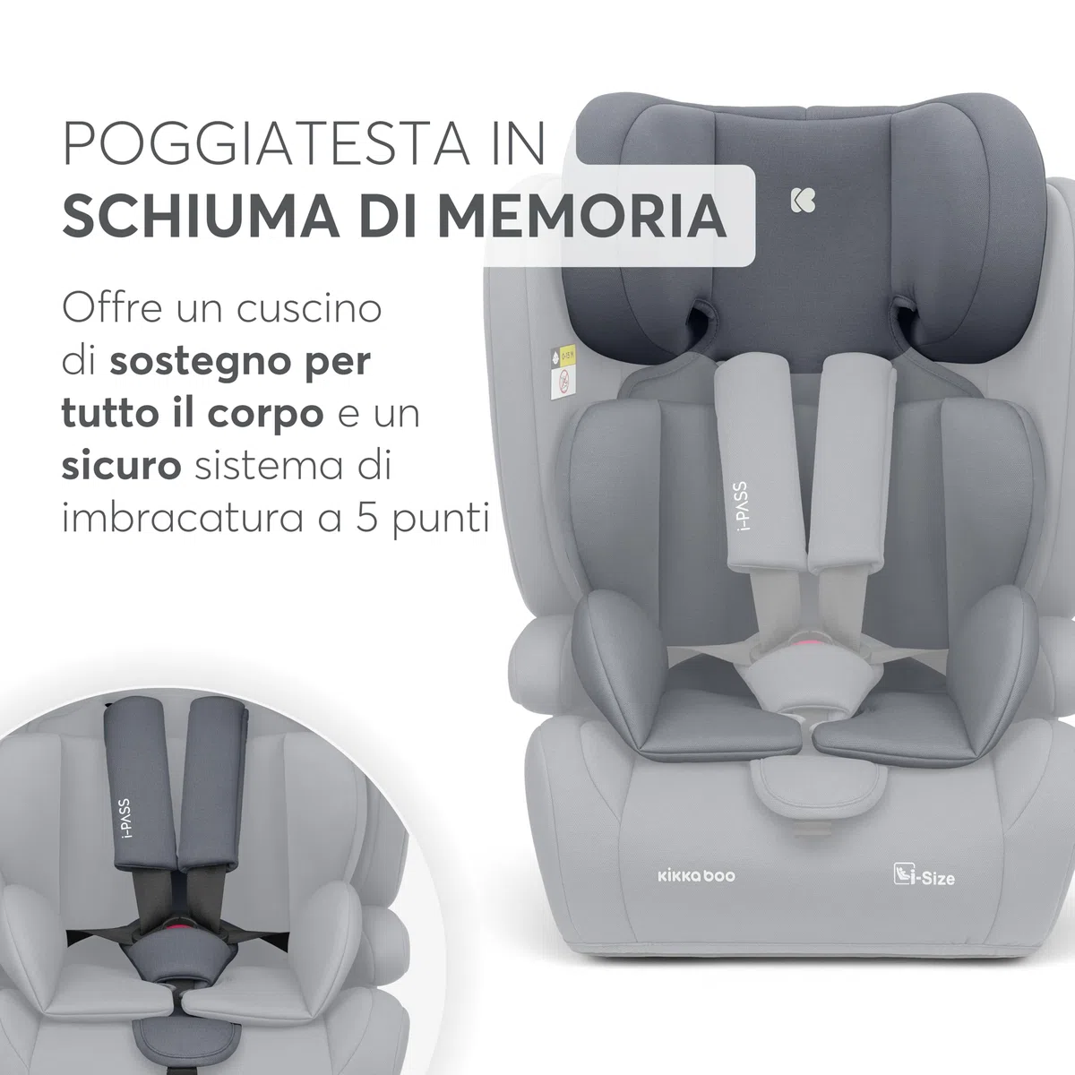 KikkaBoo Seggiolino Auto 9-36 kg i-PASS, Gruppo 1/2/3, Da 15 Mesi a 12 Anni, i-Size 76-150 cm, Poggiatesta Regolabile 13 Posizioni, Grigio