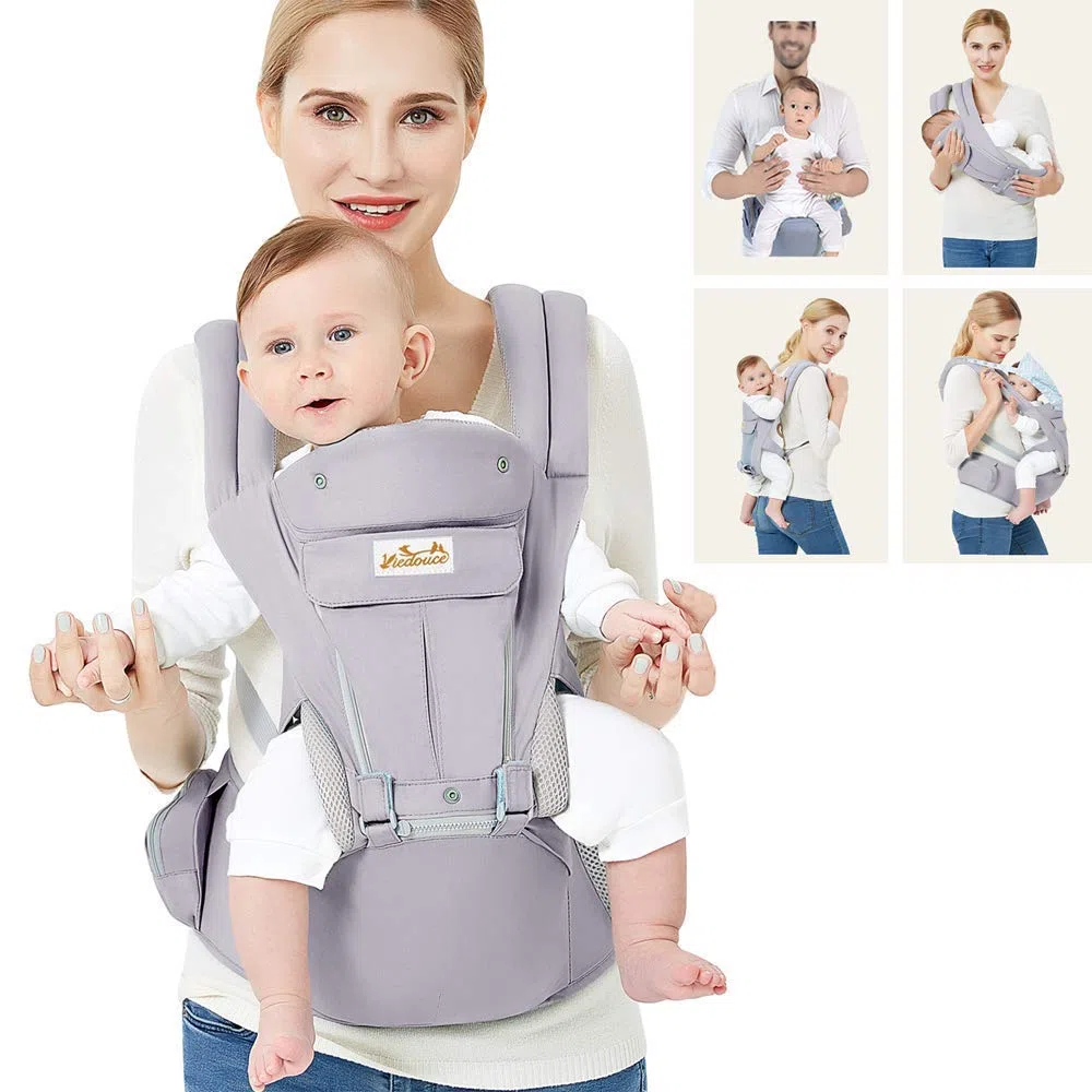 Viedouce Marsupio Neonati Ergonomico con Sedile/Puro cotone Leggero e Traspirante/Multiposizione:Dorsale, Ventrale,Regolabile ad Neonato e Bambino da 3 a 48 Mese (3,5 a 20 Kg)