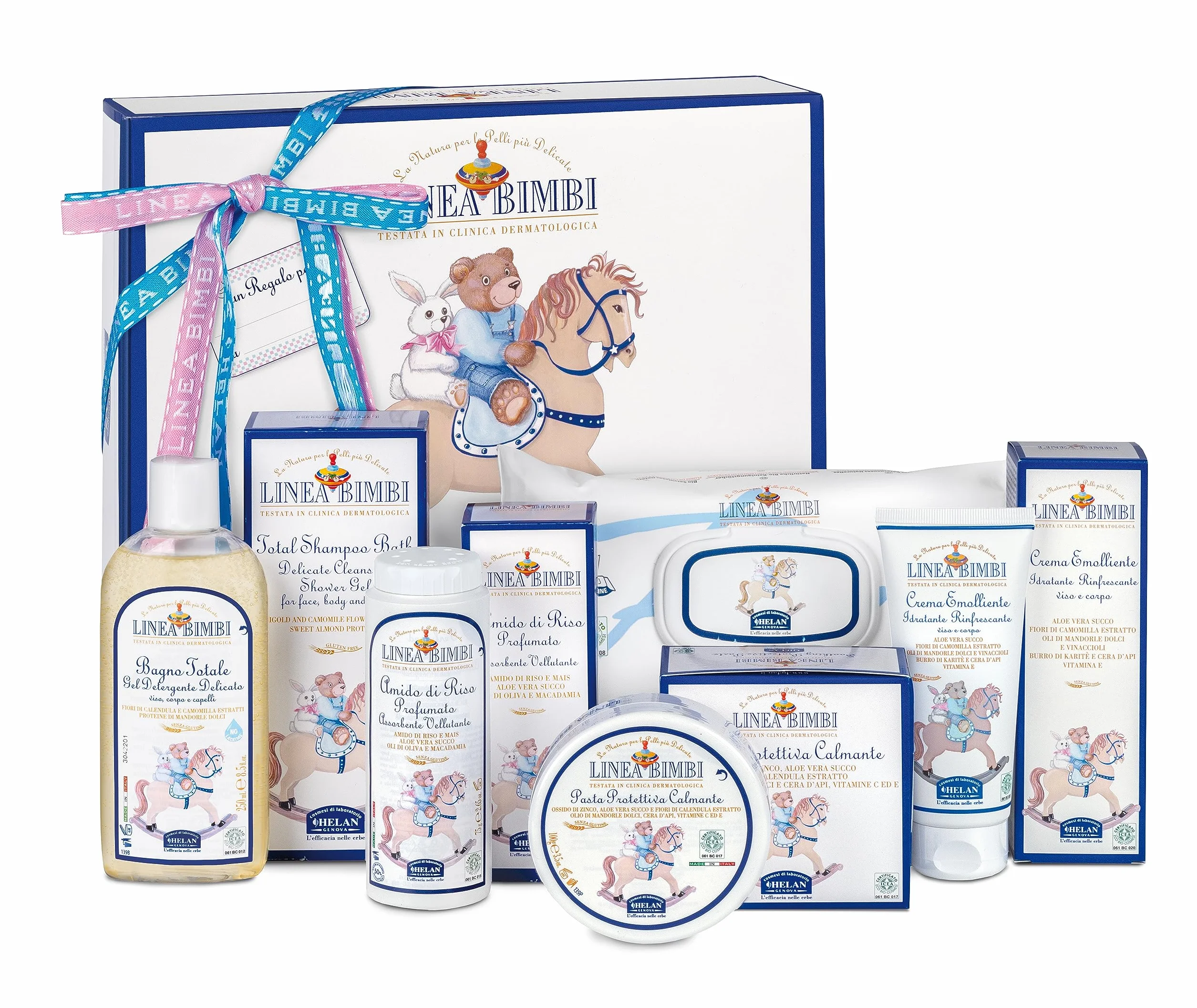 Helan, Linea Bimbi - Dolce Benvenuto Set Neonato con Shampoo Bagnoschiuma 250ml, Amido di Riso Bagnetto 75gr, Salviette 60Pz, Crema Cambio Pannolino 100gr, Crema 100ml