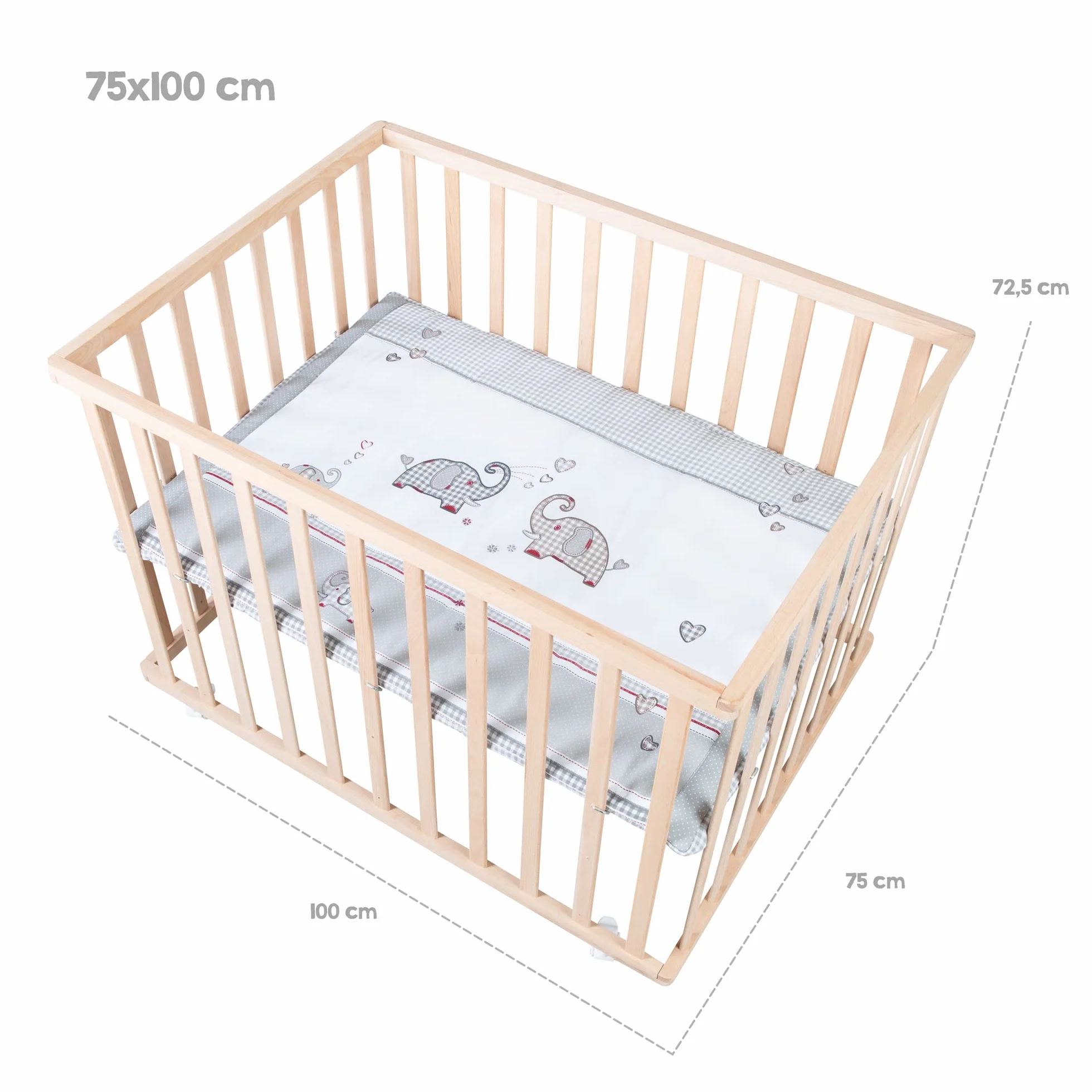roba Box Rettangolare per Bambini Jumbo Twins - 75 x 100 cm - con Materassino e Ruote con Freni - 3 Altezze Regolabili - 0-24 Mesi - Legno Naturale