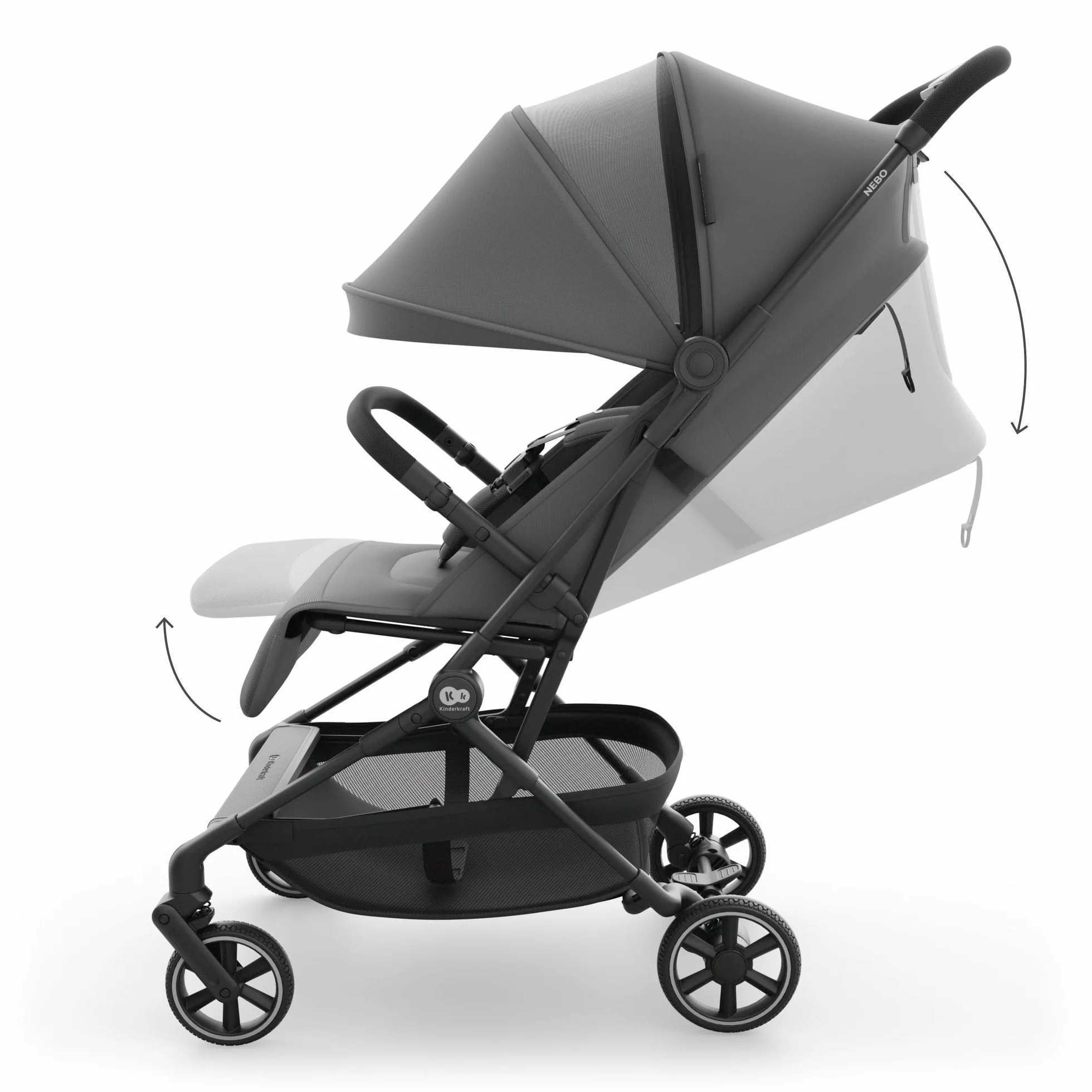 Kinderkraft NEBO passeggino da cabina ultraleggero, chiusura a una mano, resta in piedi, 51x43x21 cm, tracolla e borsa, posizione distesa, cinture 5 punti, Grigio