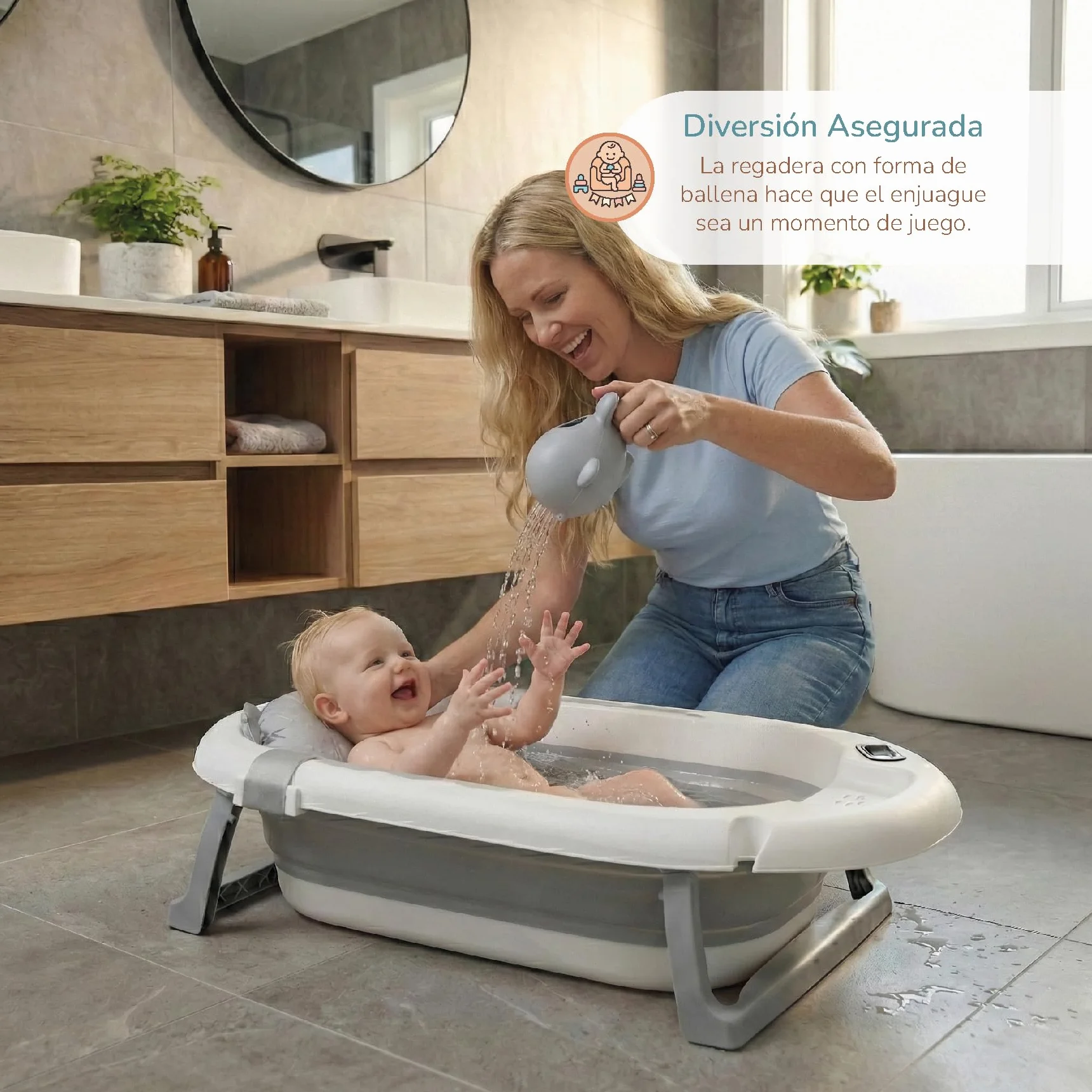 Buddy Baby - Vasca pieghevole BebéSplash con temperatura - Da 0 mesi - Cuscino riduttore rimovibile - Base antiscivolo - Tappo di scarico - Design compatto e portatile - Annaffiatoio balena