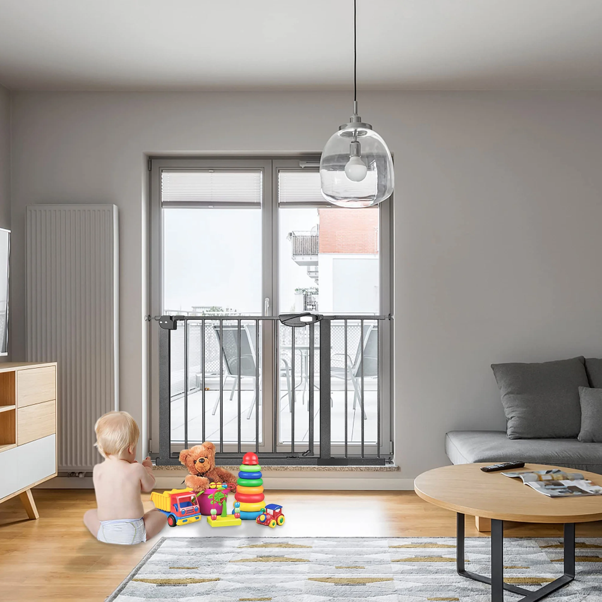 UISEBRT Griglia di protezione per scale senza foratura, per bambini, 105-115 cm di larghezza, chiusura automatica, apertura con una sola mano, in metallo, colore nero