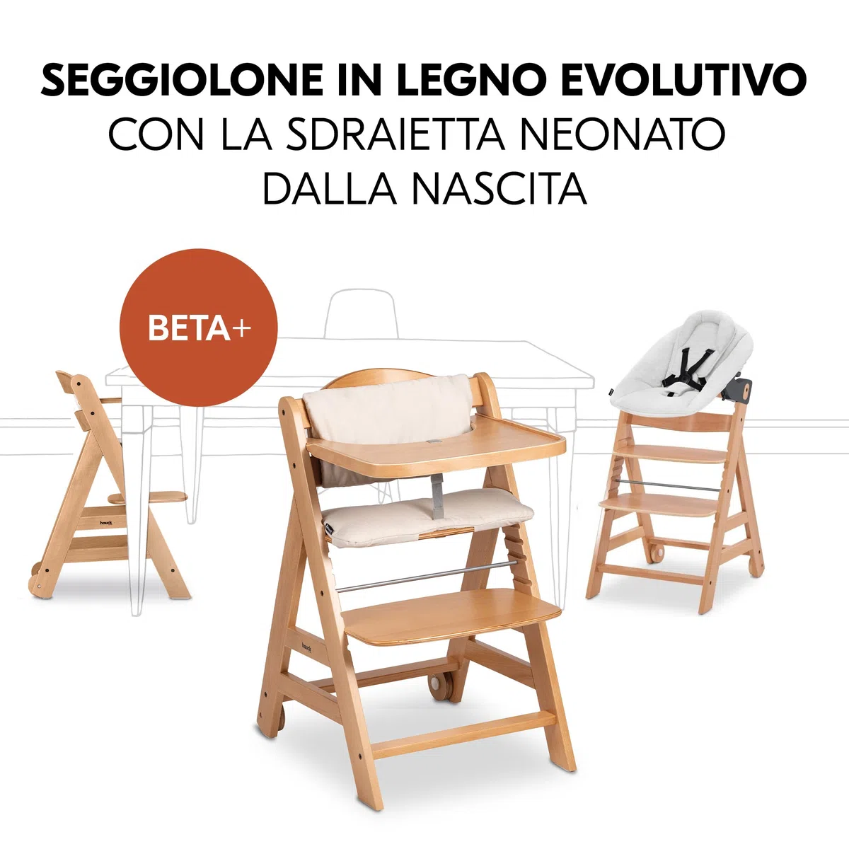 hauck Seggiolone Beta+ Newborn Set Premium da 0 Mesi - Seggiolone Legno Evolutivo, con Sdraietta Neonati (Dondolo Neonati), Cuscino Seduta, Vassoio - (Sdraietta: Grigio chiaro, Naturale)