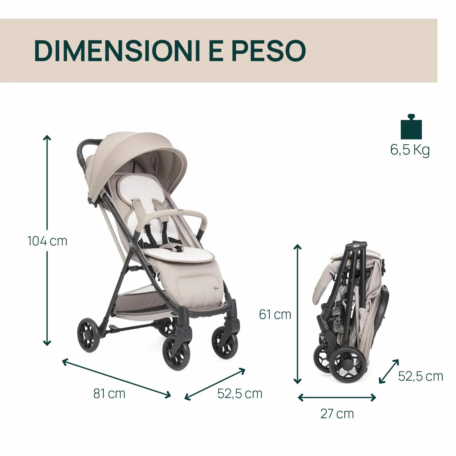 Chicco Passeggino Taormina 0+ Mesi - 22 Kg Leggero Chiusura Smart Compatta Capotte Estensibile UV50+ Antipioggia Schienale Regolabile Poggiagambe Beige