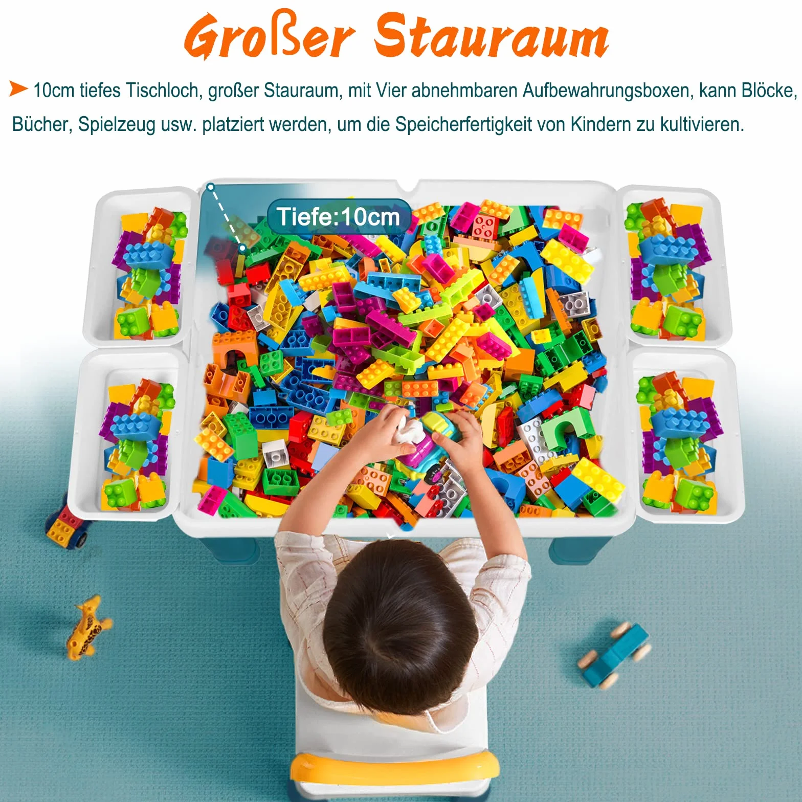 Tavolo per bambini 6 in 1 con 2 sedie e 163 mattoncini da costruzione, tavolo da attività multifunzione