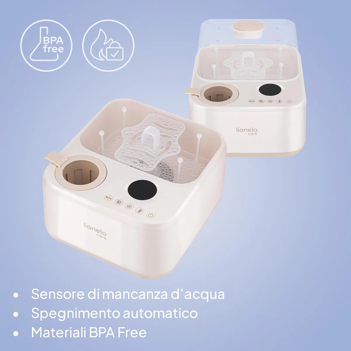 Lionelo STEAMUP Sterilizzatore Biberon 3 in 1 Elettrico, Sterilizzatore a Vapore con Asciugatura Automatica e Scaldabiberon, 99,99% Batteri, Pannello Touch, Auto Spegnimento, BPA Free, per 4 Biberon