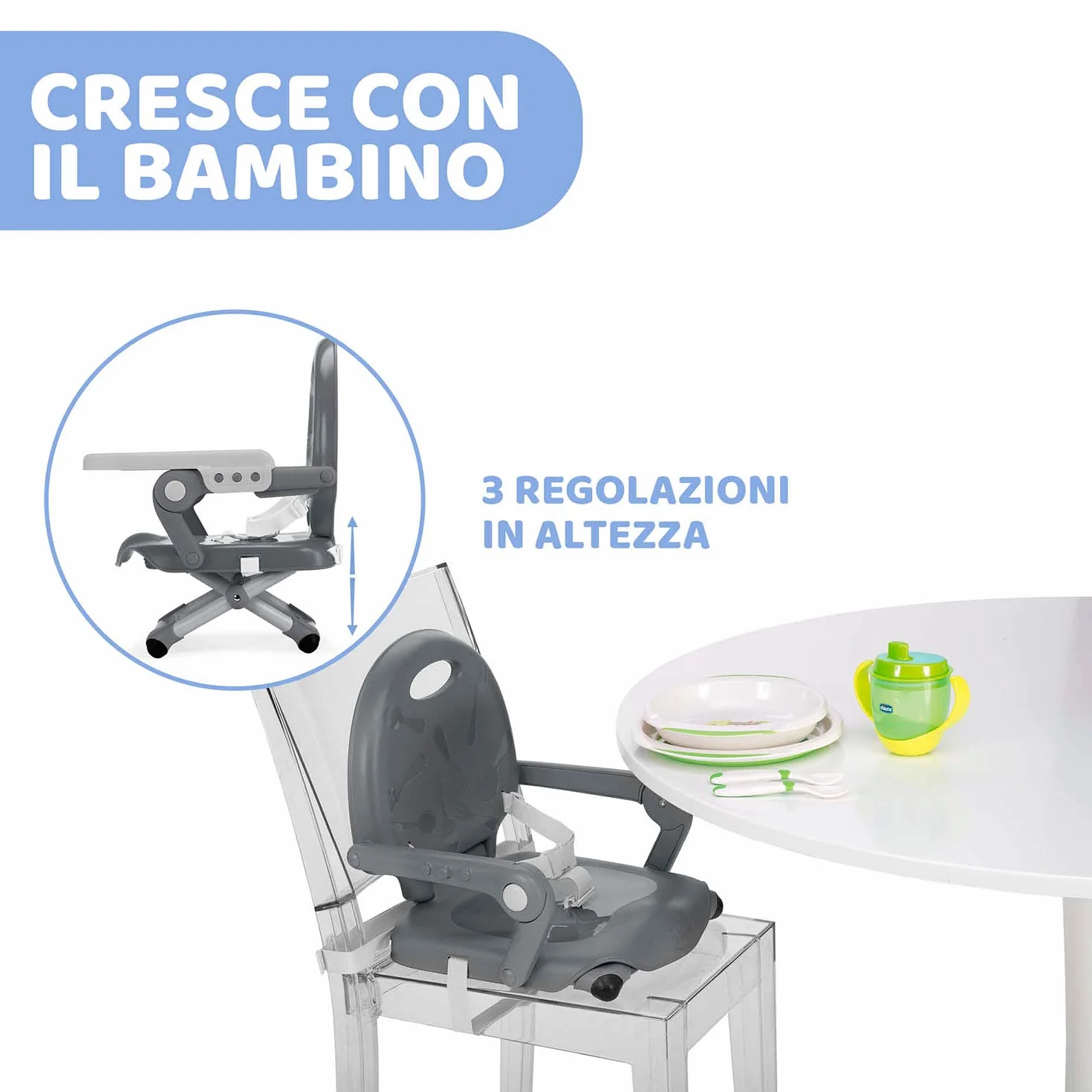 Chicco Pocket Snack Rialzo Sedia per Bambini 6 Mesi-3 Anni (15 kg) Seggiolino Pappa Portatile Chiusura Compatta, Grigio