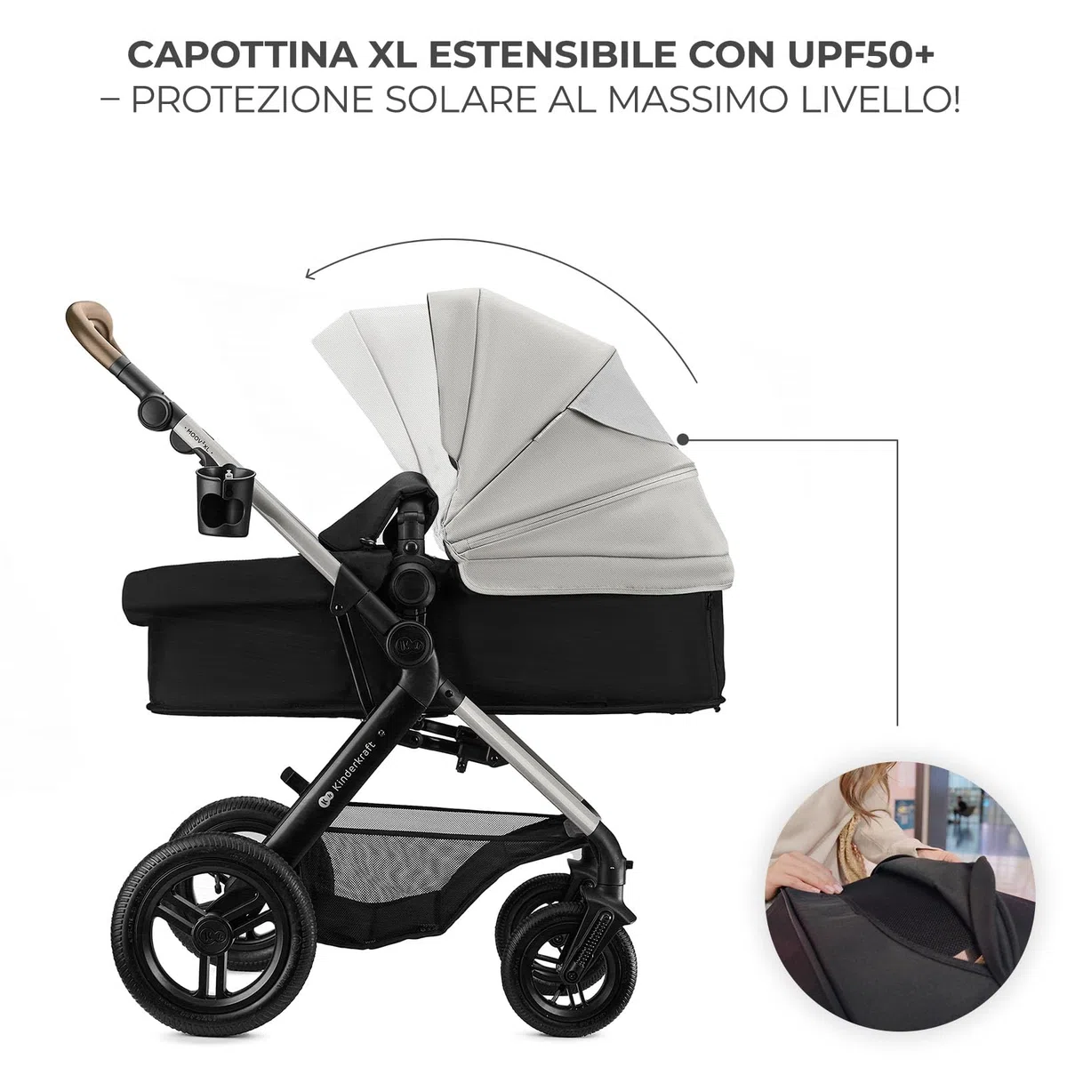 Kinderkraft MOOV XL 3 in 1, Passeggino fino a 27 kg, Carrozzina, Con Seduta I-SIZE 40-75 cm, Pieghevole, Ammortizzatore, Convertibile, Navicella XL, Con Accessori, Grigio Chiaro