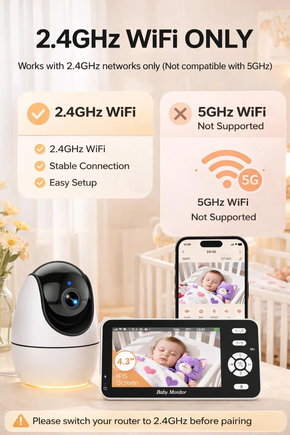 BURNNOVE Baby Monitor Video e Audio WiFi 4,3 Pollici IPS 3500mAh Batteria VOX Luce Notturna Rilevamento Temperatura