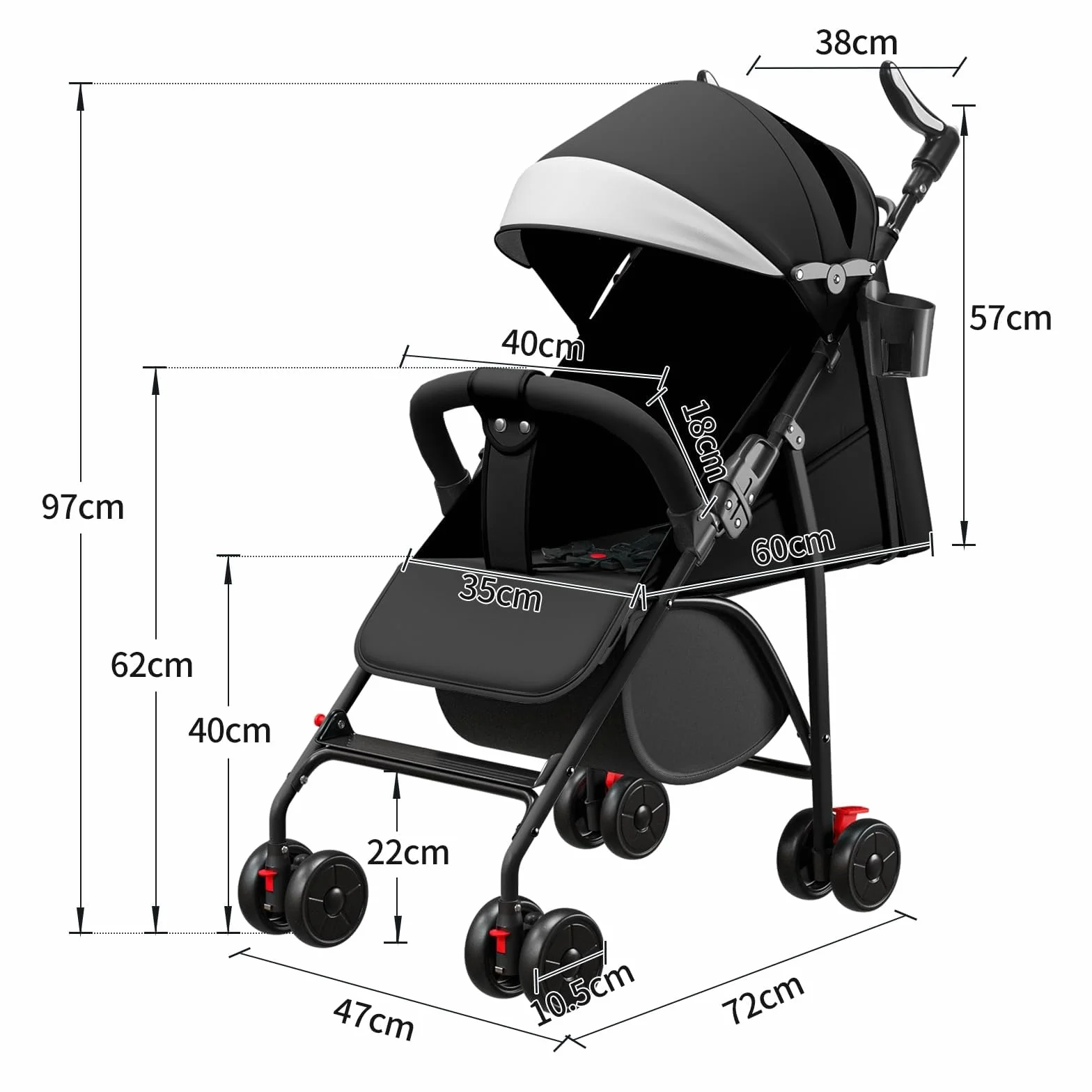 Passeggino a 4 Ruote 25 kg Pieghevole Compatto Grande Capottina Schienale Inclinabile Manubrio Regolabile