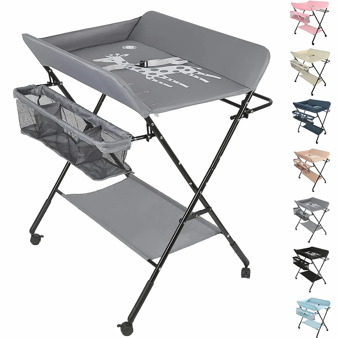 OHMG Fasciatoio Pieghevole Fasciatoio Portatile con Cintura di Sicurezza e Scomparti Portaoggetti,Tavolo Cambio Pannolini Multifunzionale Portatile per Bagnetto Neonati,4 ruotes