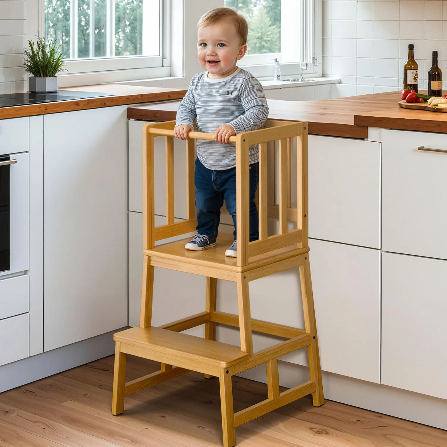 COSYLAND Torre Montessoriana Bambini A Forma di A con Pedana Centrale Rinforzata, Convertibile in Doppio Sgabello, Colore Naturale