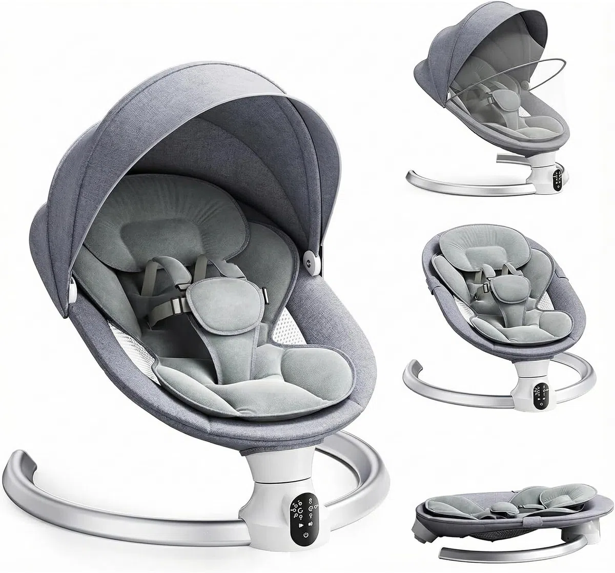 Operazione APP Sdraietta Neonati, Imbracatura a 5-Punti Migliorata Altalena Neonato Elettrica con 3 Timer, 5 Velocità di Altalena, Sdraietta Neonati Bluetooth Imbottita Morbida 0-9kg (Grigio)
