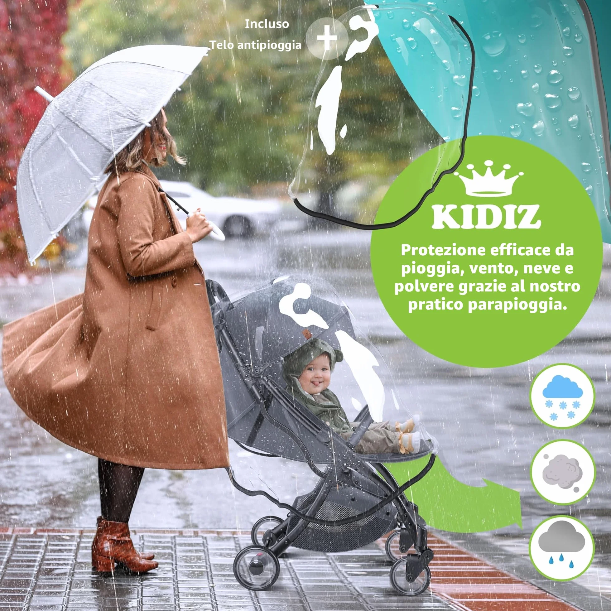 KIDIZ® Premium Passeggino Pieghevole con Ruote 360°, Imbracatura 5 Punti, Portabibite, Parapioggia, Schienale Regolabile, Capottina Parasole, Antracite