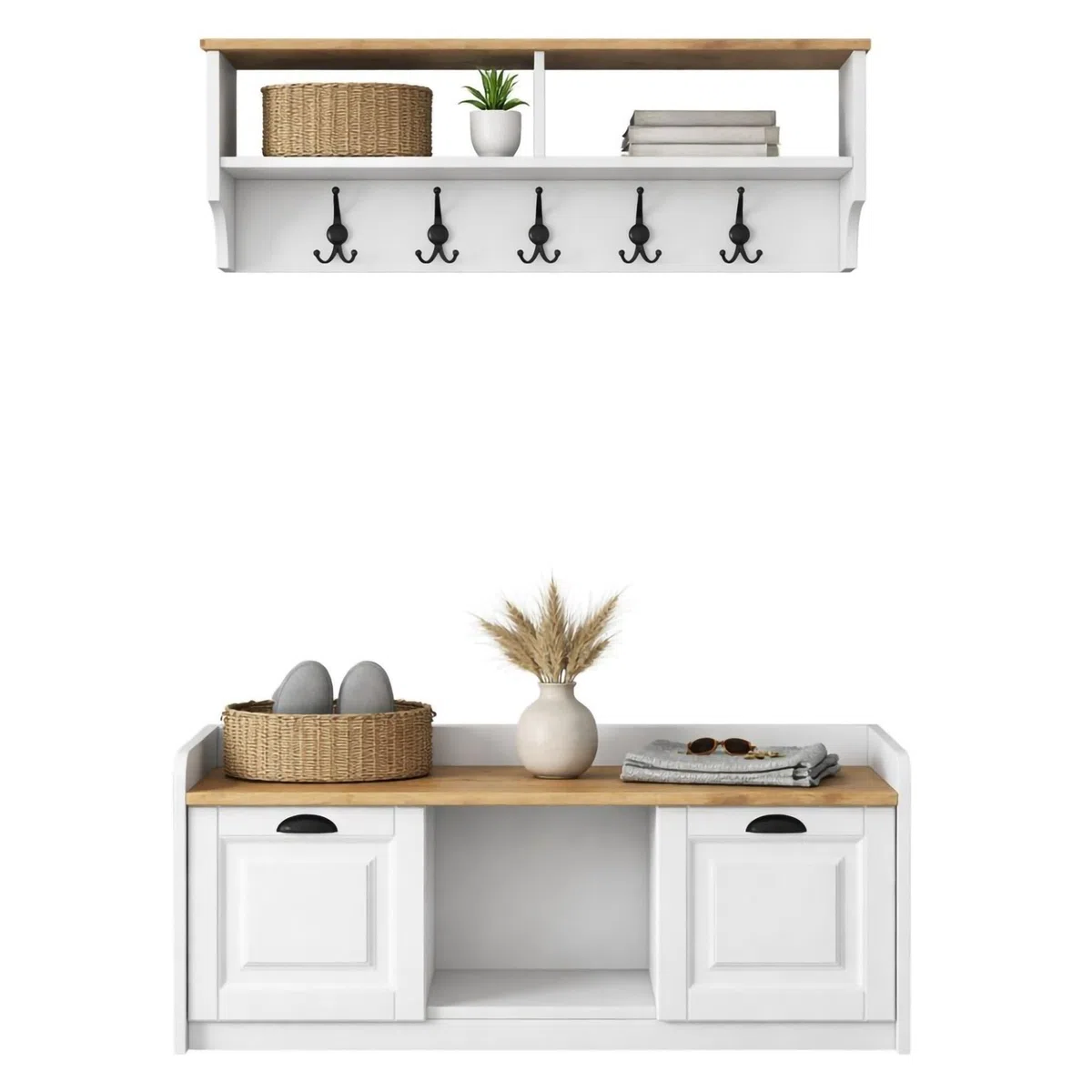 Dmora Mobile da Ingresso Karola 120x22x37h cm Bianco 6 Ripiani Appendiabiti, Modulabile