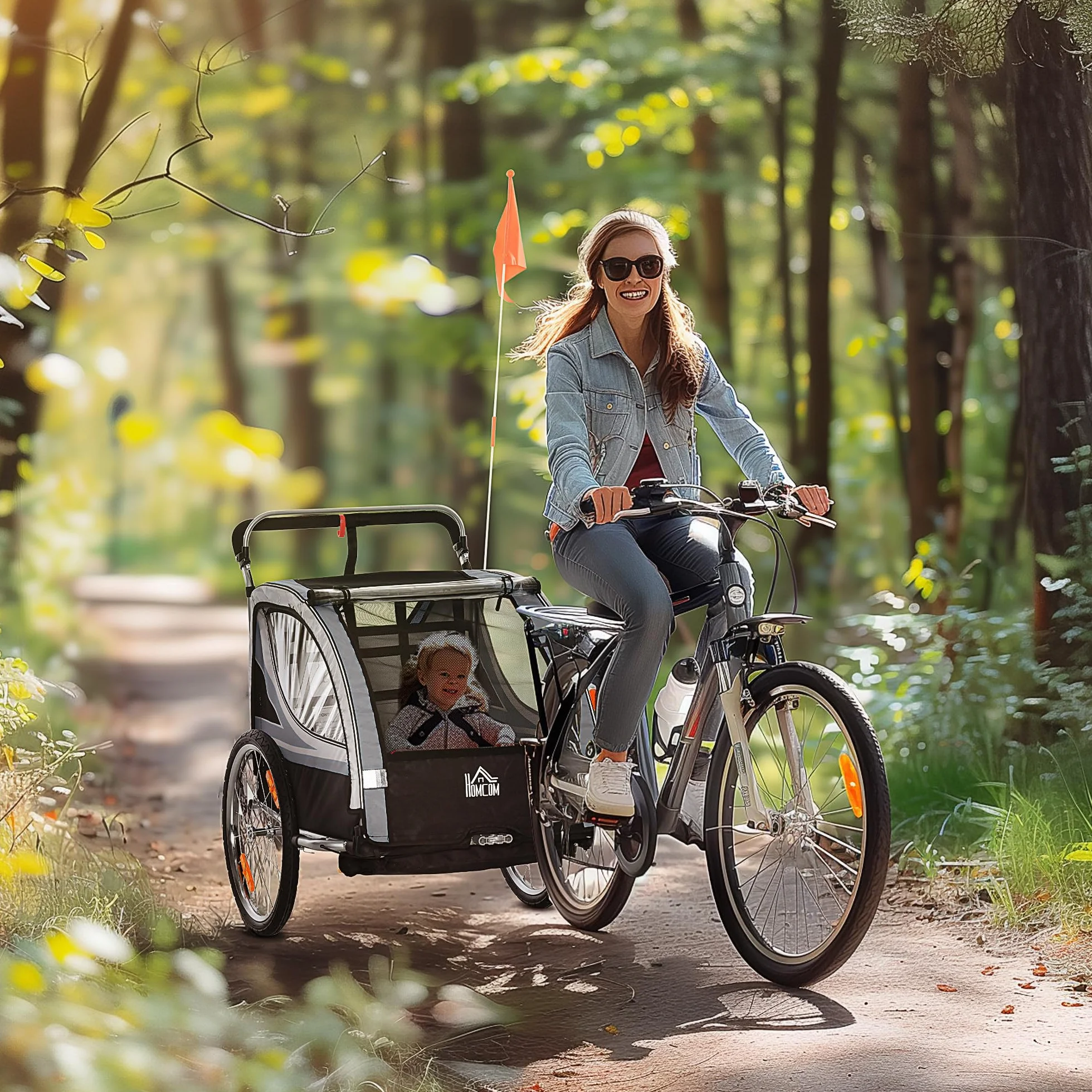 HOMCOM 2 in 1 Kinderfahrradanhänger mit Mesh-Tür, 360° Drehbares Vorderrad, Buggy mit Bremse, 142 x 75 x 101 cm