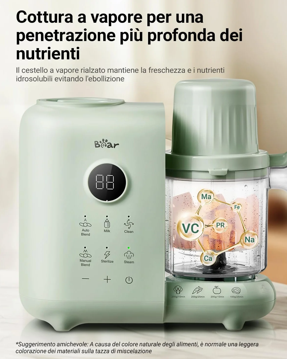 Bear Cuocipappa Mixer Multifunzione 7-in-1 per Bébé - Vapore, Mixer, Pulse, Pulizia Automatica, Sterilizzato, Riscalda, Scongela - Robot Cucina Multifunzione