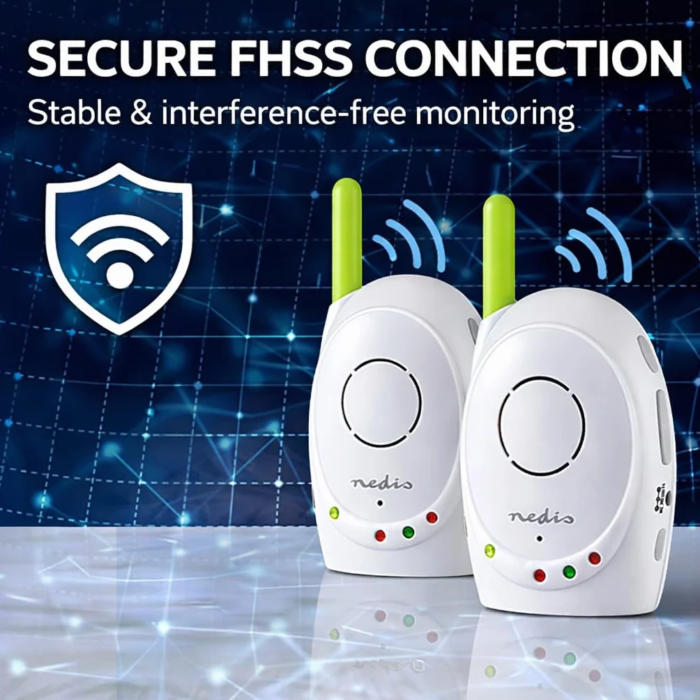 Nedis Audio Baby Monitor - Telefoni wireless per bambini con interfono, portata 300 m, Set di 2, Verde/Bianco