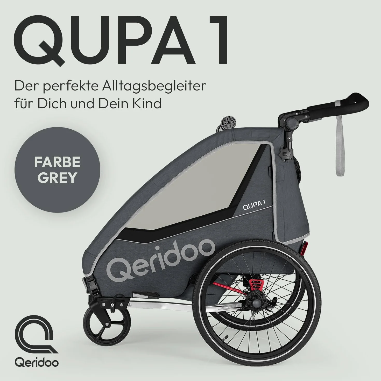 Rimorchi per bicicletta marca QERIDOO. Modello Kinderfahrradanhänger & Buggy QUPA 1 für 1 Kind mit Kupplung, Blattfeder-Dämpfsystem (bis 50 kg) - Grigio