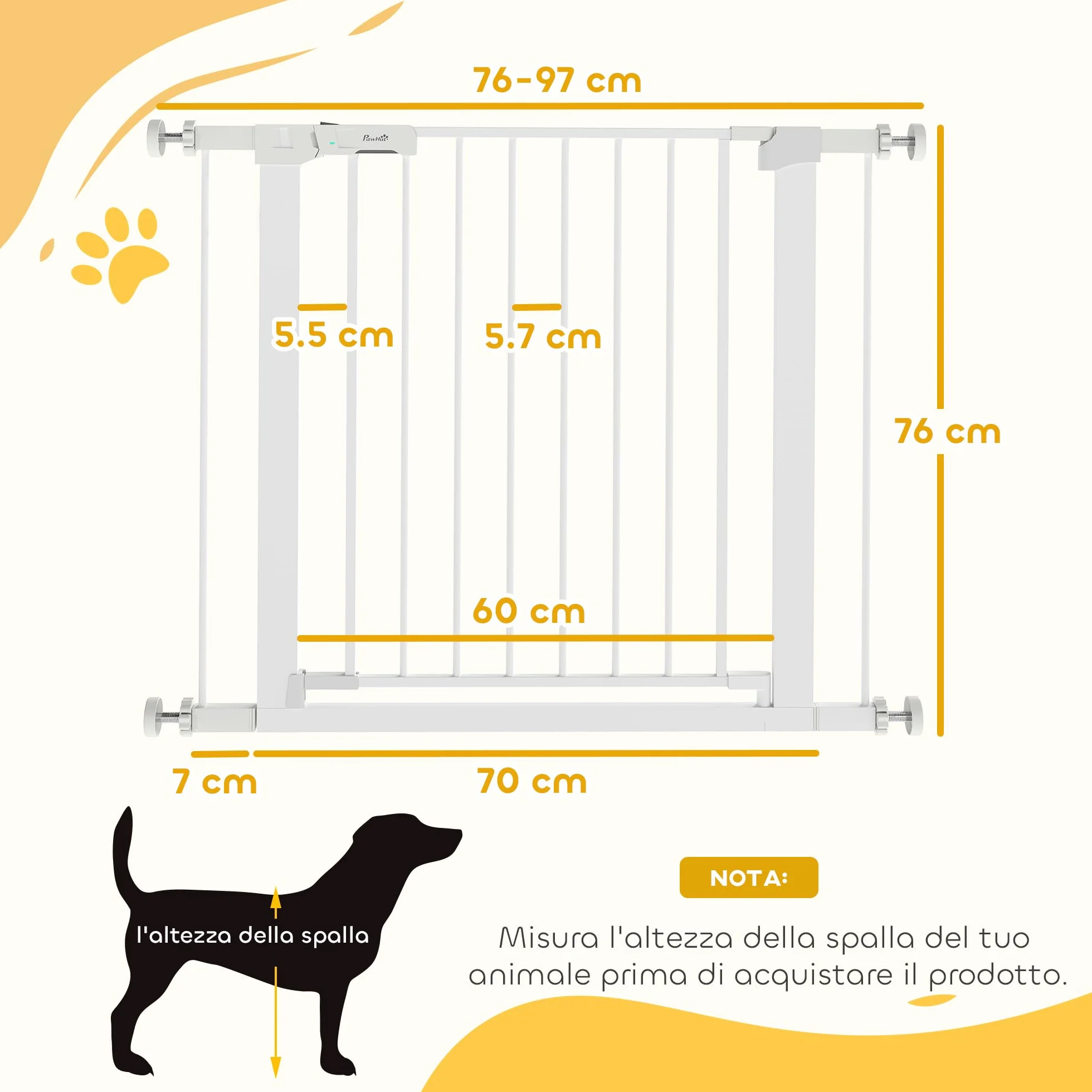 PawHut Cancelletto di Sicurezza per Cani con Fissaggio a Pressione, Cancellino per Cani Estensibile 76-97cm per Scale e Porte, Bianco