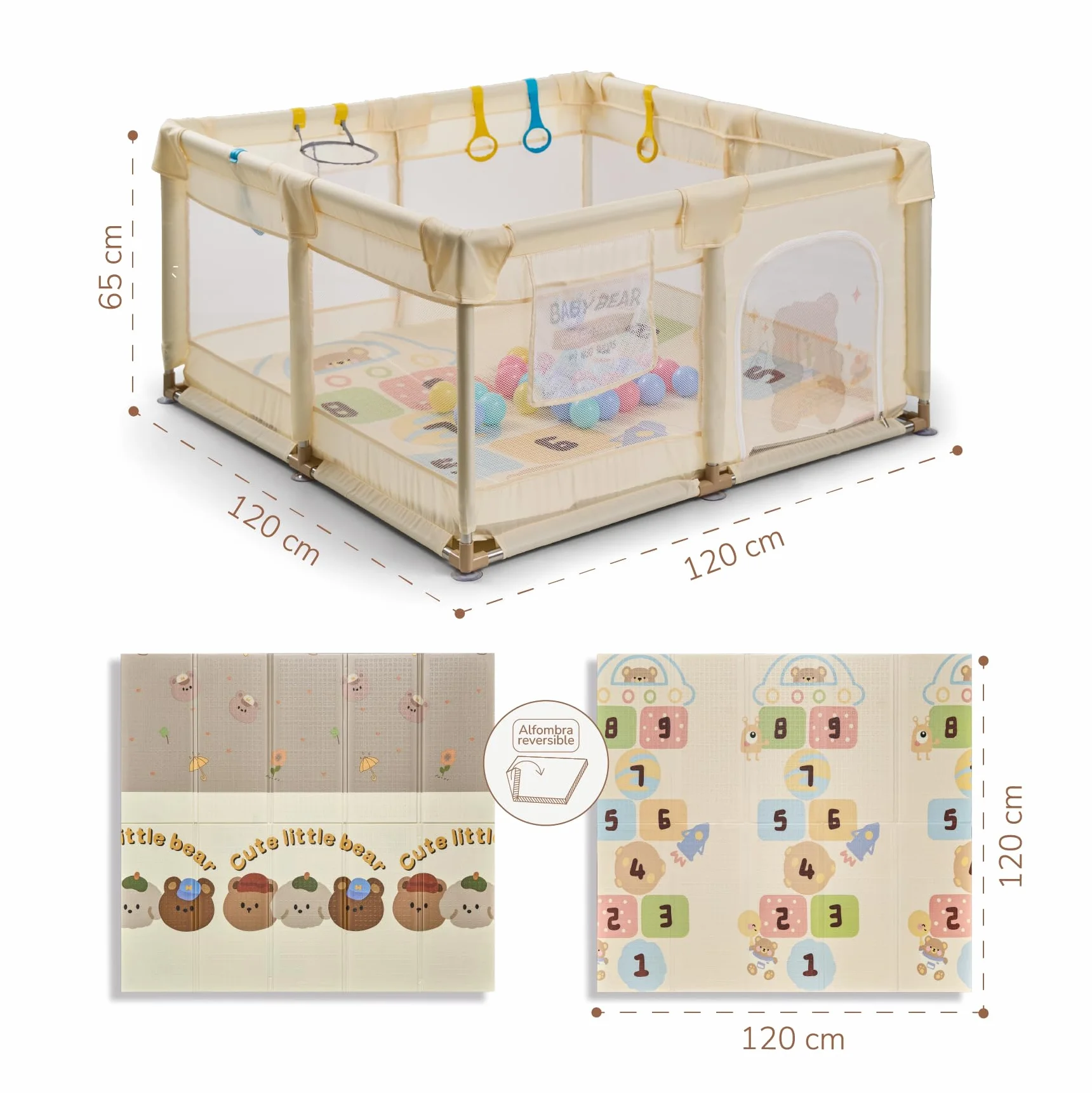 Buddy Baby Parco per bambini 120 x 120 cm pieghevole con rete traspirante e porta laterale vaniglia