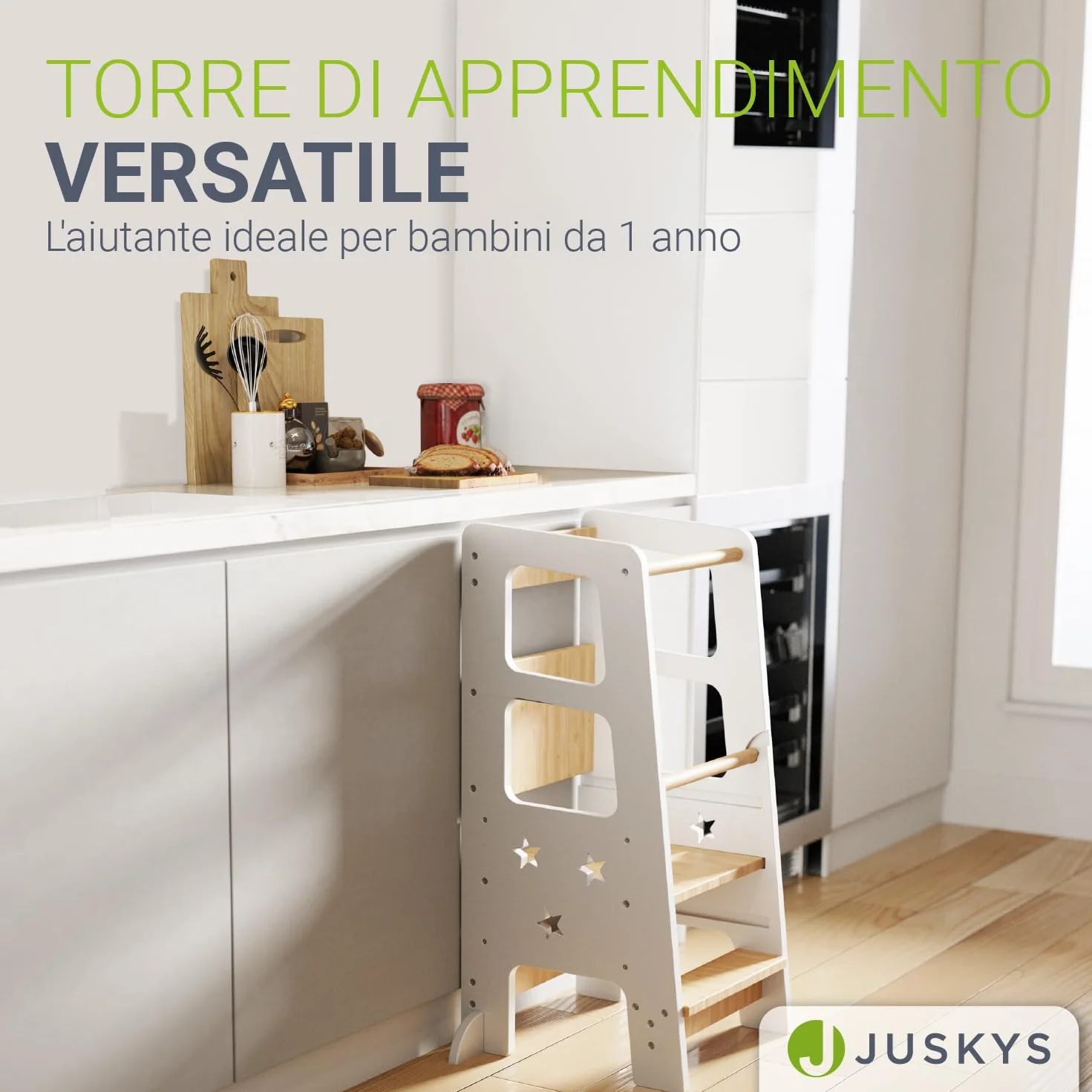 Juskys torre didattica Henny per bambini 1 anno Montessoriana tripla regolazione altezza antiribaltamento sgabello cucina bianco