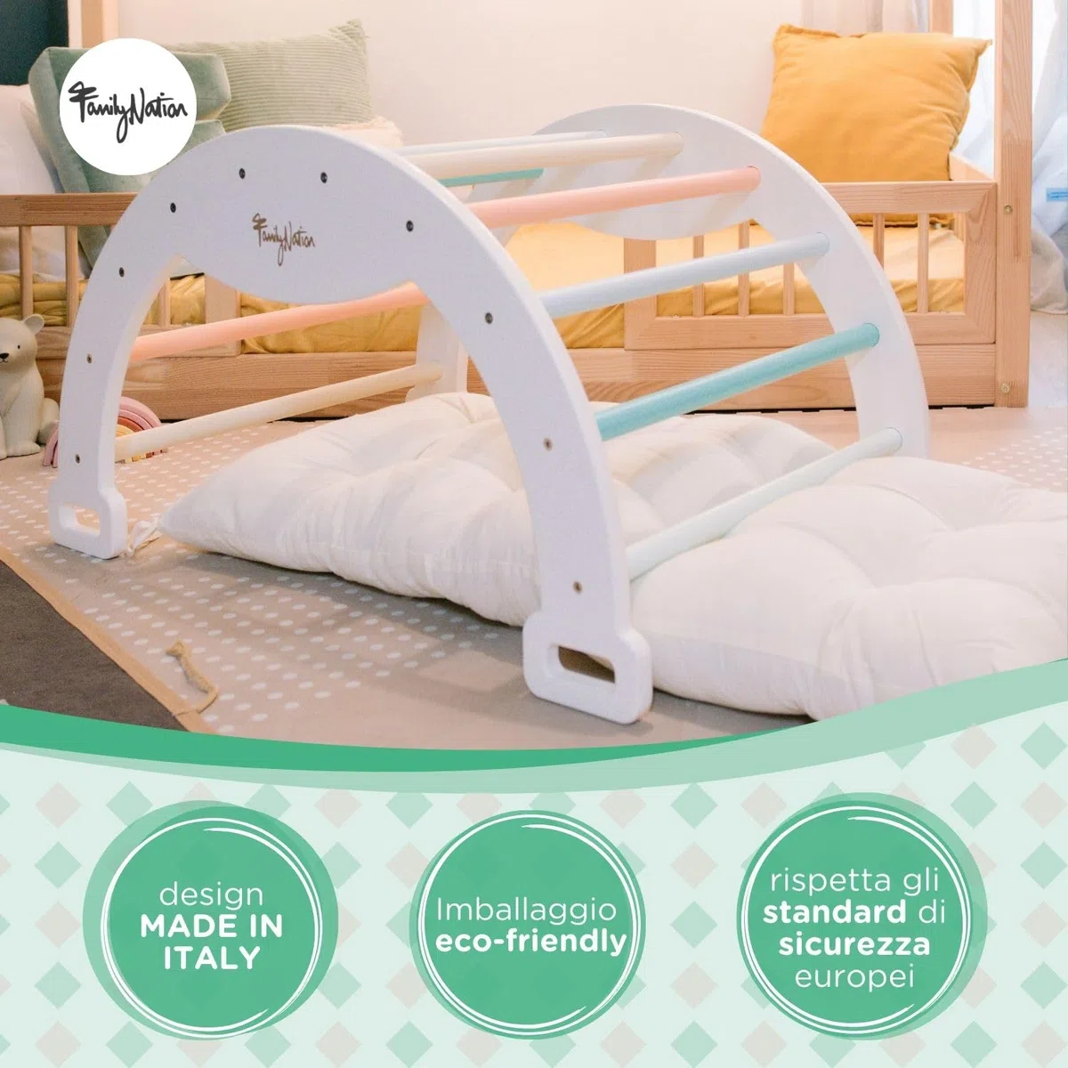 Family Nation, Cuscino per Arco Montessoriano Rainbow da Arrampicata, per Bambini da 6 Mesi di Età, in Lana di Peluche, Lavabile in Lavatrice, 94x44x8 cm