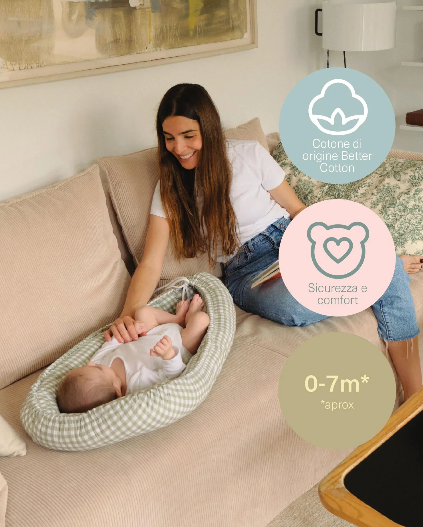 molis&co. Nido per bebè 90x50 cm Riduttore culla Co-sleeping Nest neonati Cotone Lettino portatile viaggio OEKO-TEX 100 Mint Tea