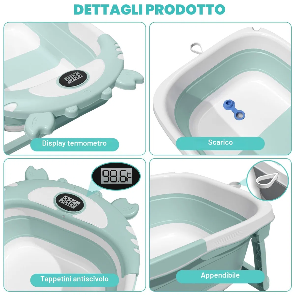 Vaschetta Bagnetto Neonato Pieghevole, Vaschetta Bagnetto Neonato con Termometro E Cuscino Staccabile, Riduttore Vaschette Bagnetto 0-36 Mesi (Verde)