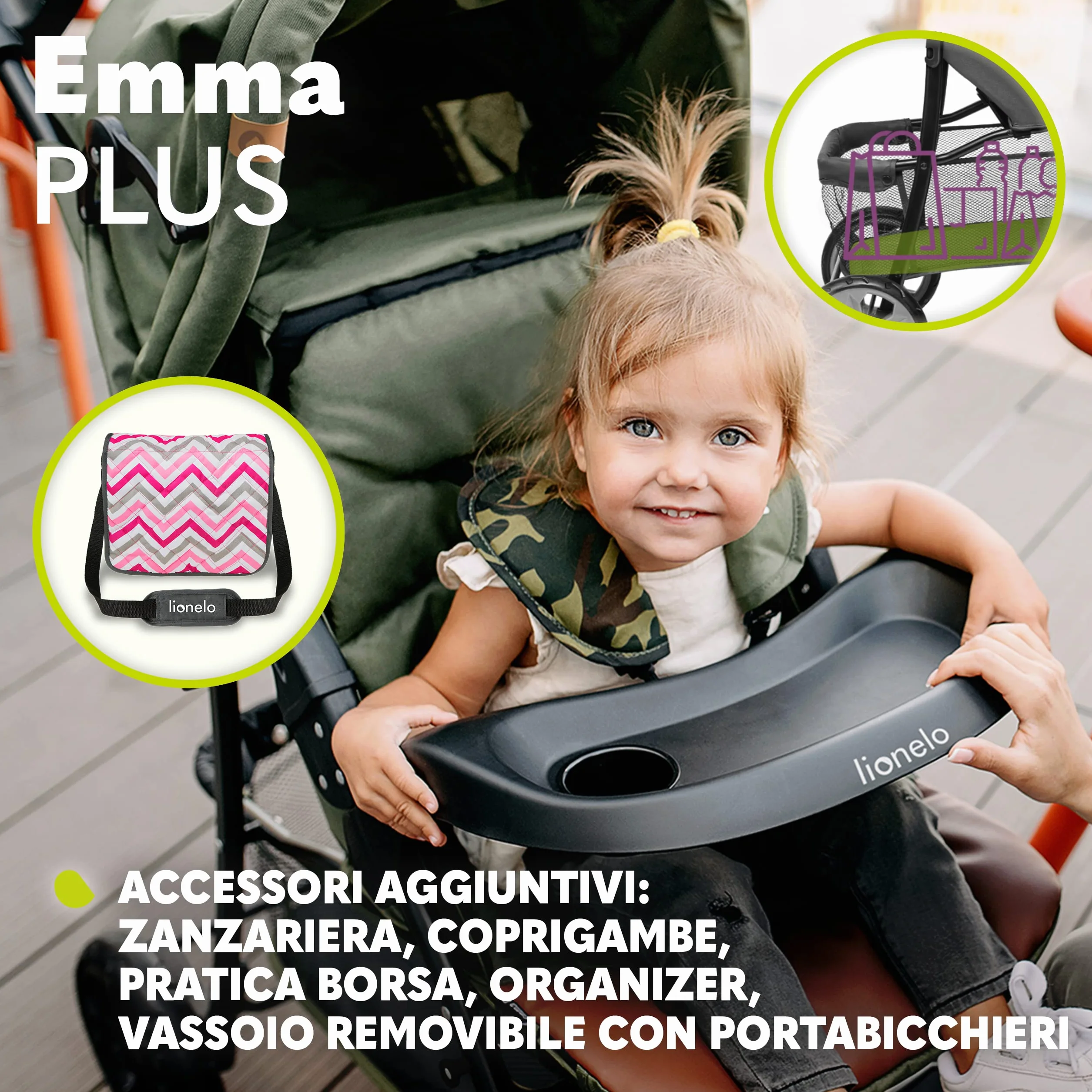 Lionelo Emma Plus Passeggino Leggero Pieghevole 6 Mesi 15kg Schienale Regolabile Sdraiata Cinture 5 Punti Ammortizzatori Cappotina XXL Vassoio Portabibite Borsa