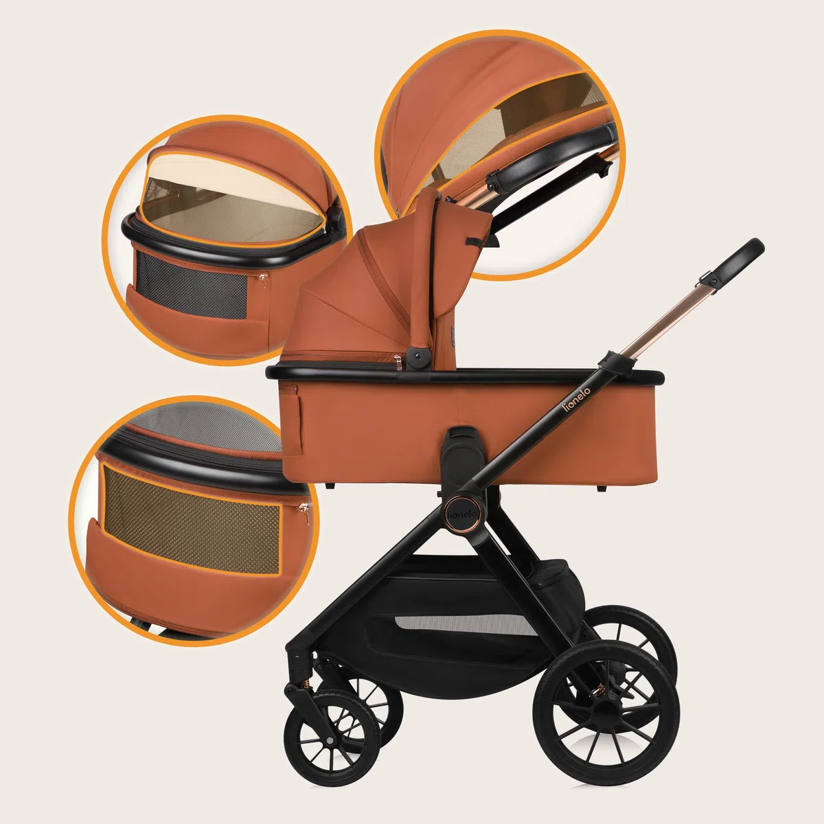 LIONELO LAYLA 3 in 1 Passeggino combinato Passeggino da 0 a 48 mesi fino a 22 kg, Navicella fino a 9 kg, Seggiolino auto fino a 13 kg, AiryDots, Ruote in PU girevoli a 360°, Sospensione completa