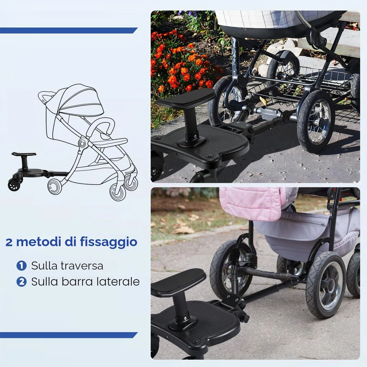 Pedana Passeggino Universale con Sedile, Tavolette per Passeggini con borsa, Design Stabile a due Ruote, con cinghia di sospensione,Accessori per Passeggini per Bambini da 2 a 6 anni,nero