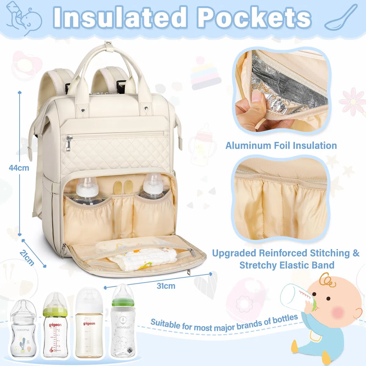 RAINSMORE Zaino Mamma Multifunzione con Fasciatoio Portatile e Grande Borsa Neonato Ganci per Passeggino per Mamma e Papà Bianco
