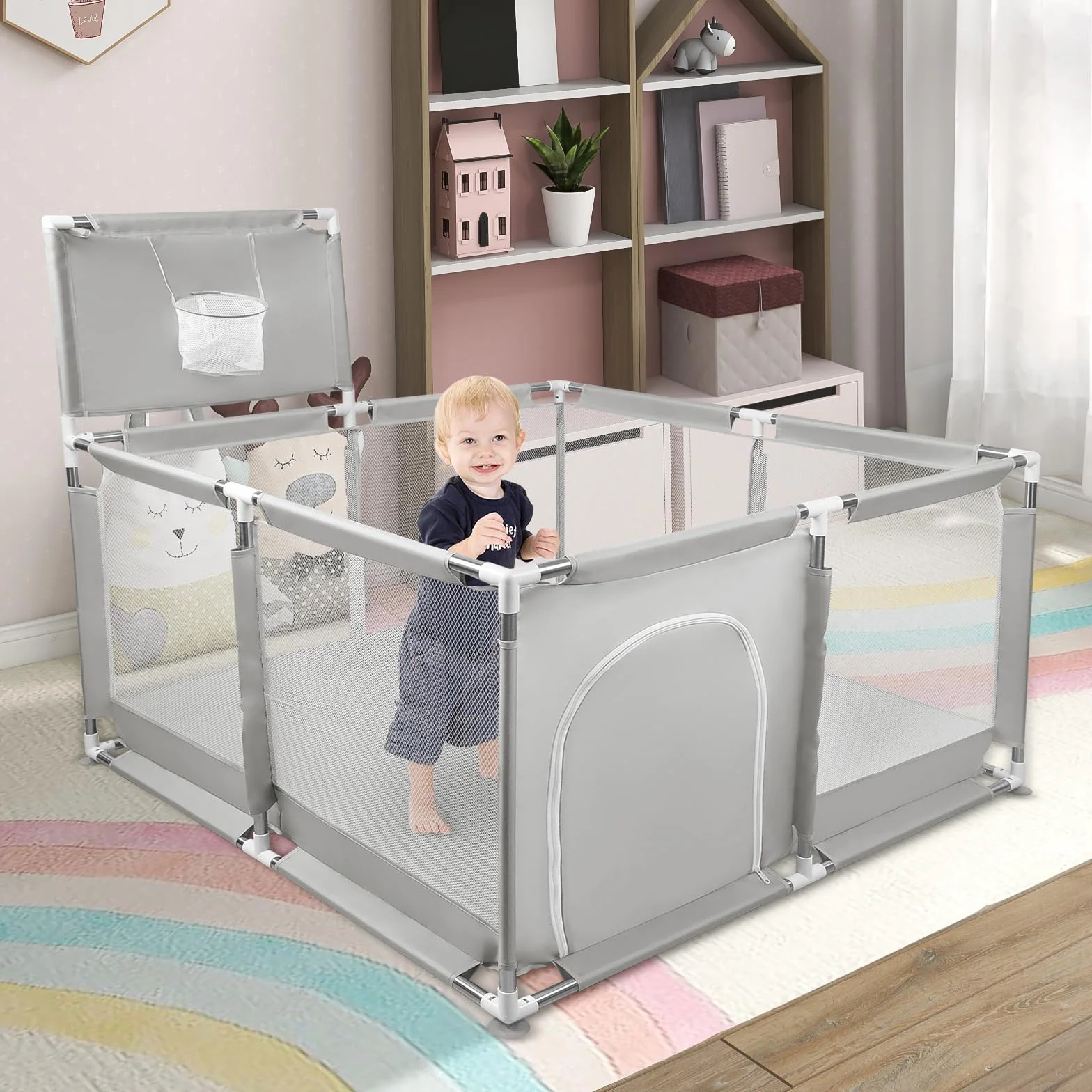 Box con porta a cerniera per bambini con ventose 126 x 126 x 66 cm grigio chiaro 50 palline