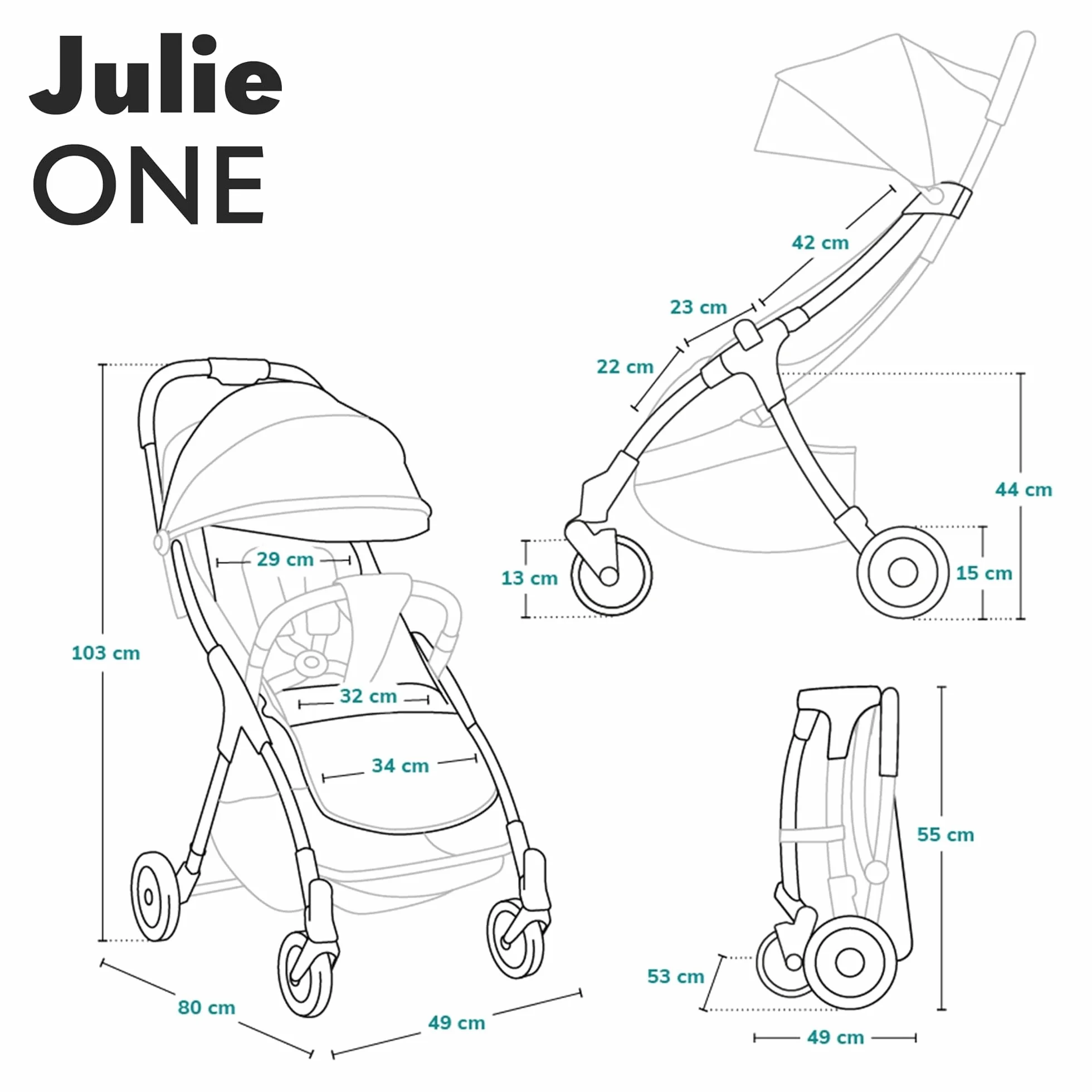 LIONELO Julie One Passeggino leggero pieghevole 0-22 kg Compatto zanzariera coprigambe portabibite borsa Poggiapiedi regolabili schienale sdraiata Nero