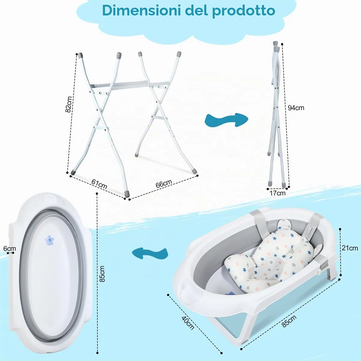 Ikodm Vasca da Bagno per Neonati con Supporto, Vasca da Bagno con Tappetino da Bagno, Scarico, Supporto, Vasca da Bagno Pieghevole, Vasca per Bambini con Supporto Sicura per il Tuo Neonato - Vasca da