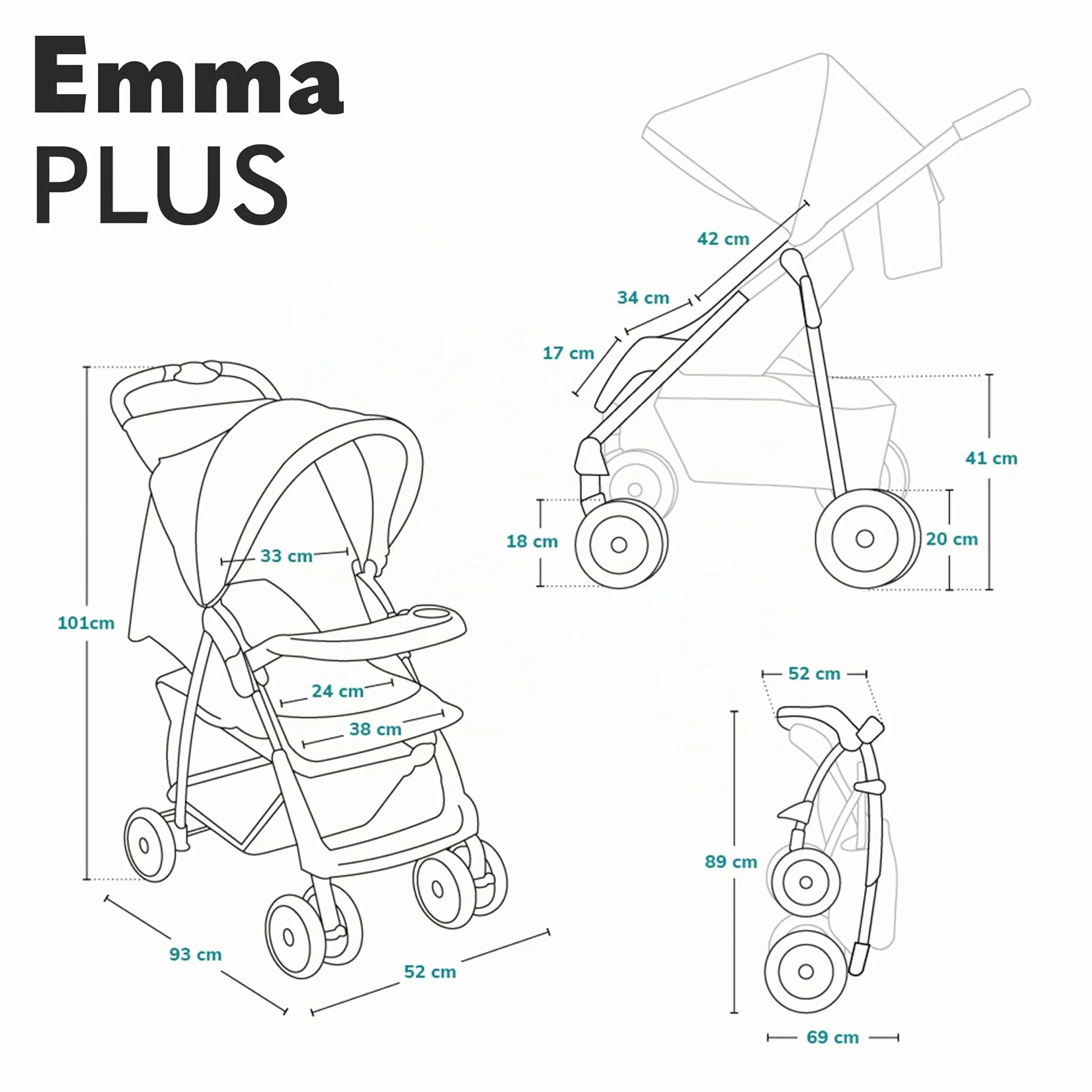 Lionelo Emma Plus Passeggino Leggero Pieghevole 6 Mesi 15kg Schienale Regolabile Sdraiata Cinture 5 Punti Ammortizzatori Cappotina XXL Vassoio Portabibite Borsa