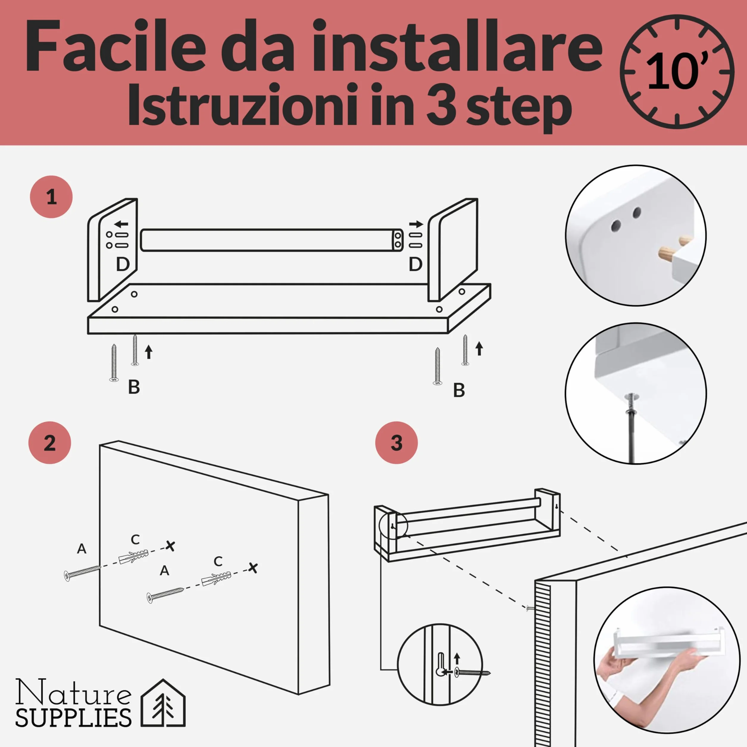 NATURE SUPPLIES Set di 4 Mensole Bianche 41 cm Libreria Galleggiante da Parete per Cameretta