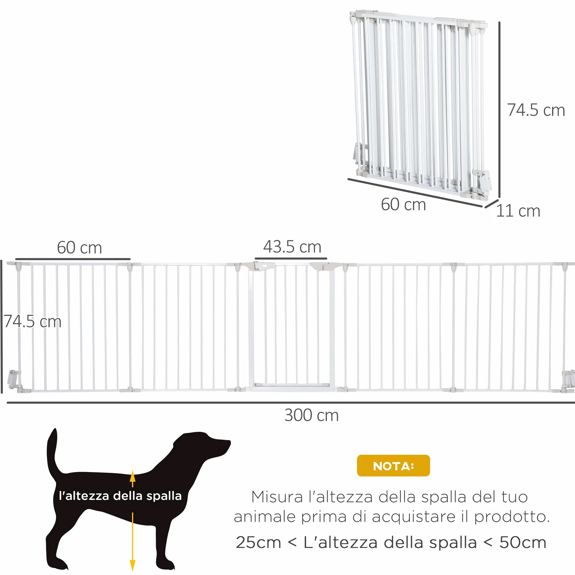 PawHut Recinto Cancelletto per Cani Regolabile Pieghevole Chiusura Automatica Sistema Blocco Metallo Plastica 300x74.5 cm Bianco