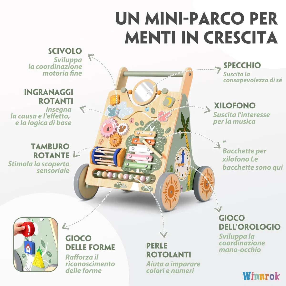 Carrello Primi Passi in Legno, Girello Montessori con Centro Attività, Girello Neonato Altezza e Velocità Regolabili, Perfetto come Regalo di Compleanno o Natale, Girello per Bambini 6-18 Mesi
