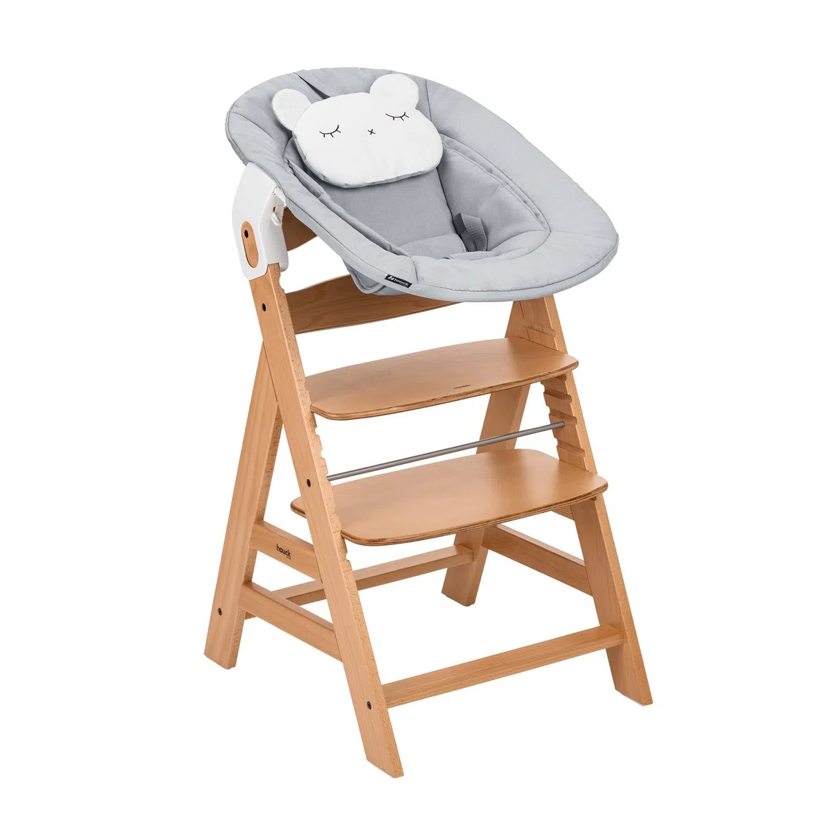 hauck Alpha Newborn Set Pre, Nature Grey - Seggiolone Pappa con Seduta Neonato dalla Nascita e Sedia Evolutiva in Legno di Faggio fino a 90 kg con Cintura Spartigambe e 5 Punti, Barra Protettiva