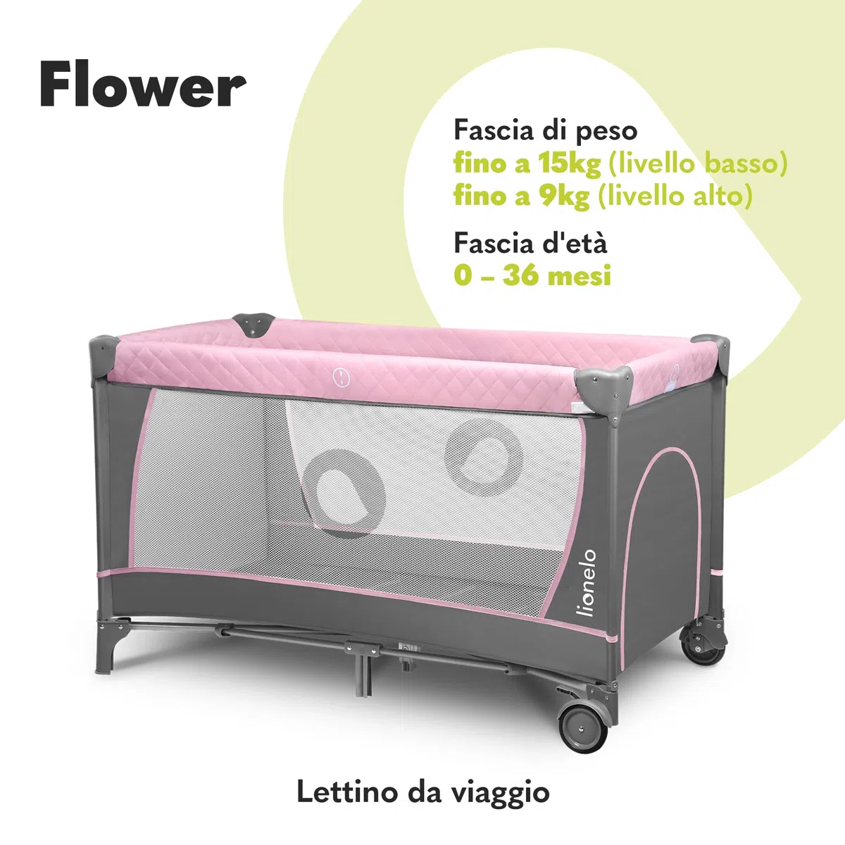 lionelo FLOWER Lettino da campeggio neonato Dalla nascita fino a 36 mesi, Pieghevole, Duo livelli, Entrata laterale, con Matteraso, Fasciatoio, Portaoggetti, Giocattoli pendenti, Borsa