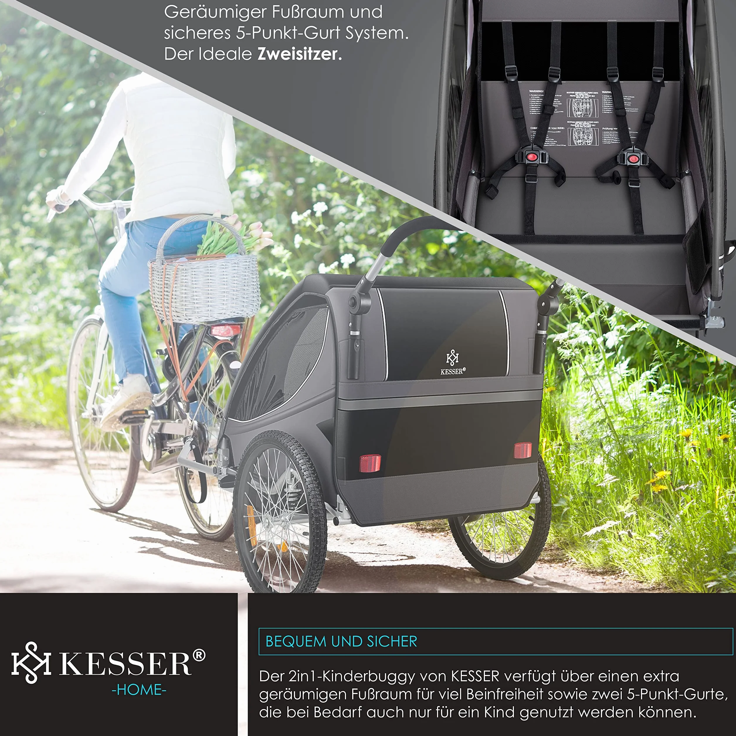 KESSER® Rimorchio per Bambini 2in1 Jogger, Ruotabile a 360°, Sospensioni, Cintura 5 Punti, max. 40kg